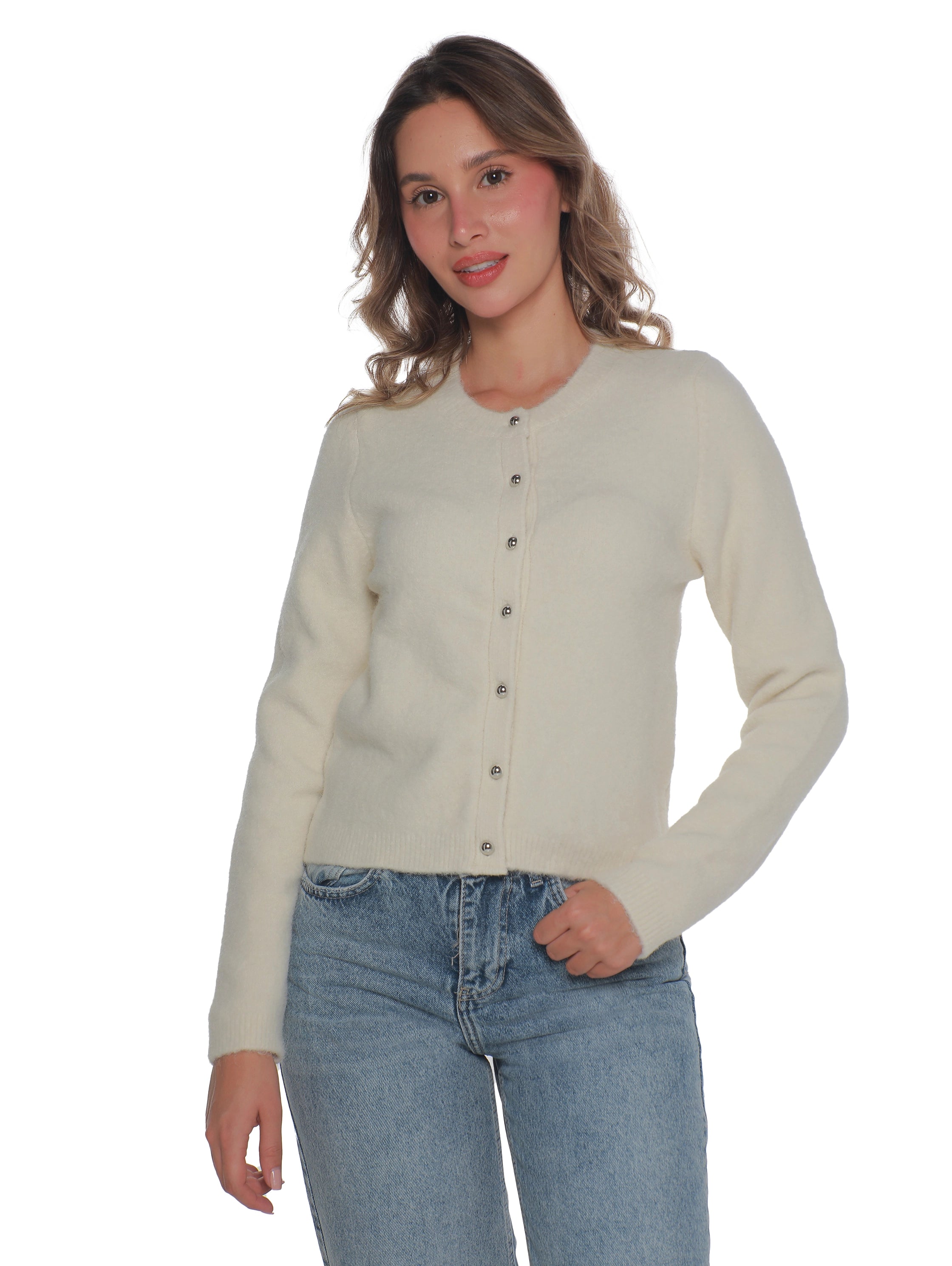 Round Neck Off white Pullover With Button To Close