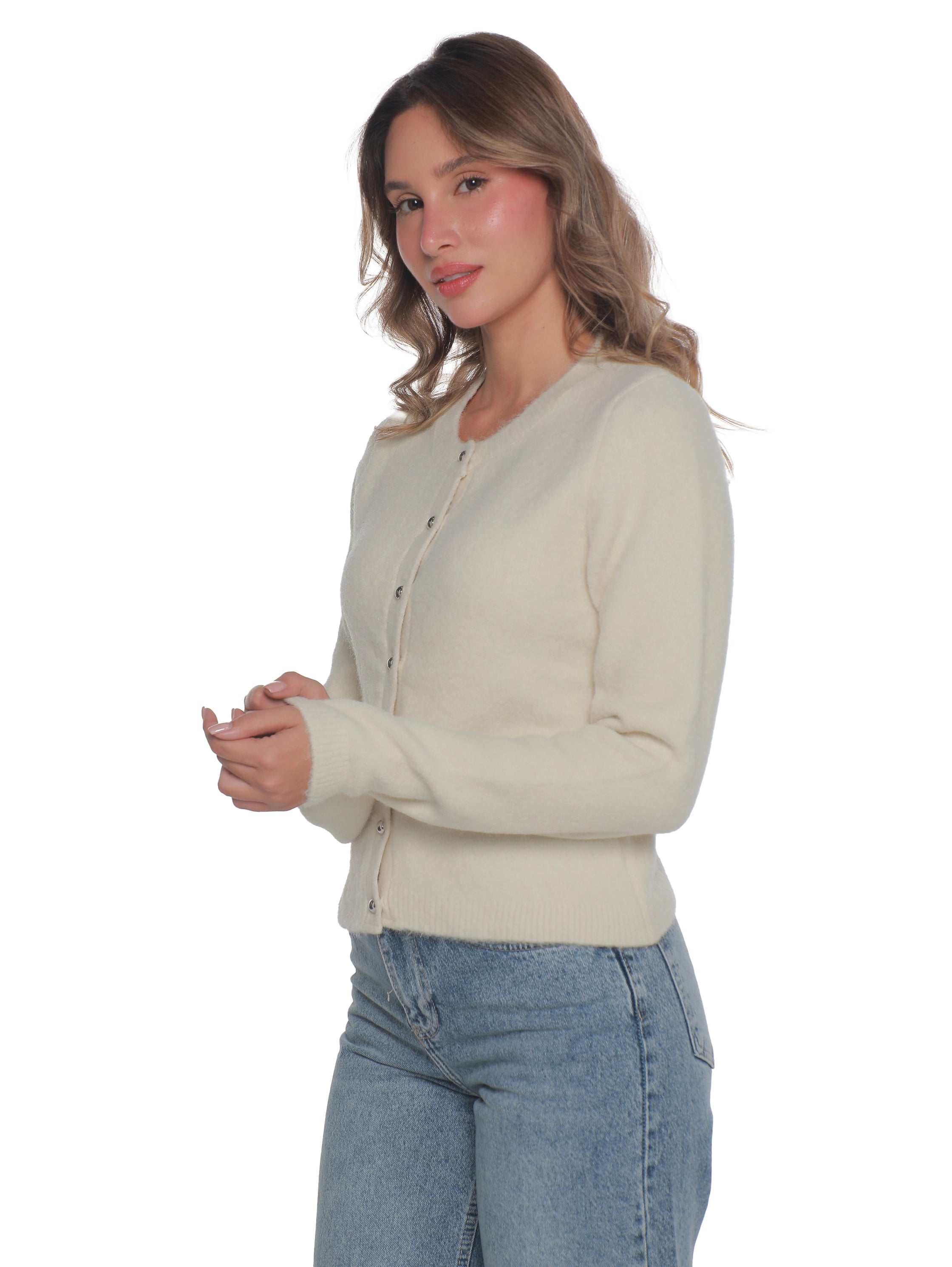 Round Neck Off white Pullover With Button To Close