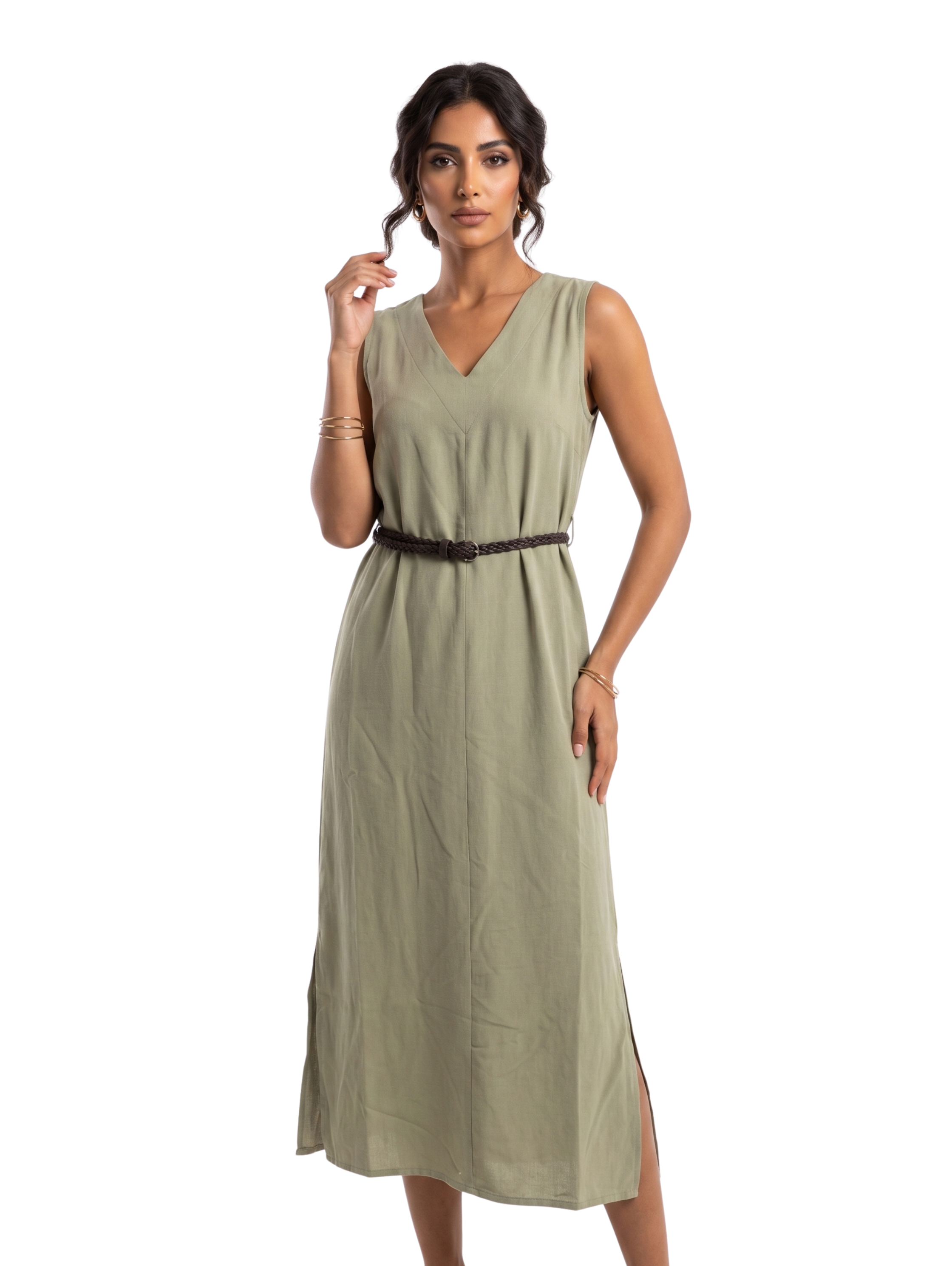 Olive Sleeveless V Neckline Midi Dress