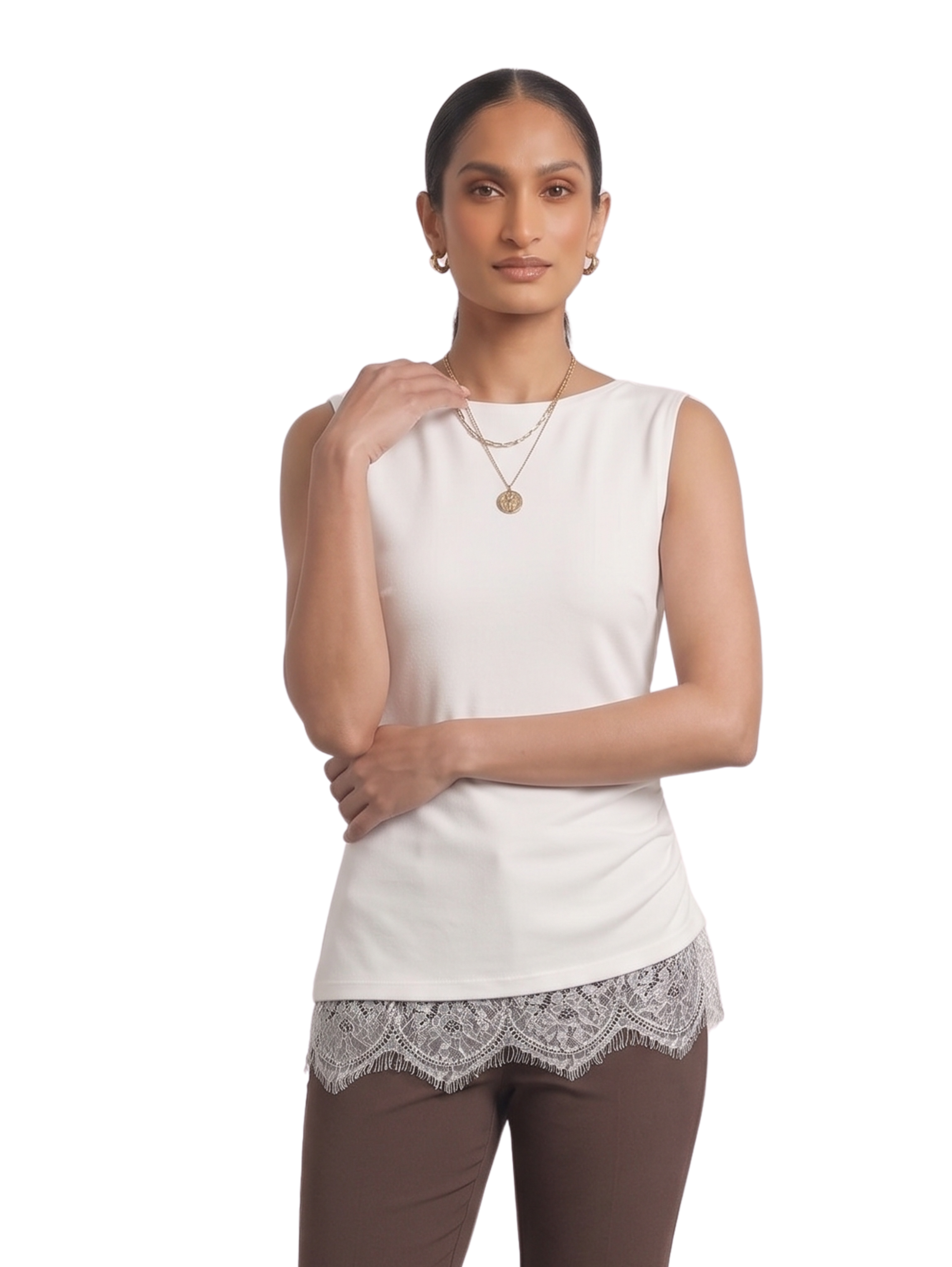 White Sleeveless Top With Floral Lace Design