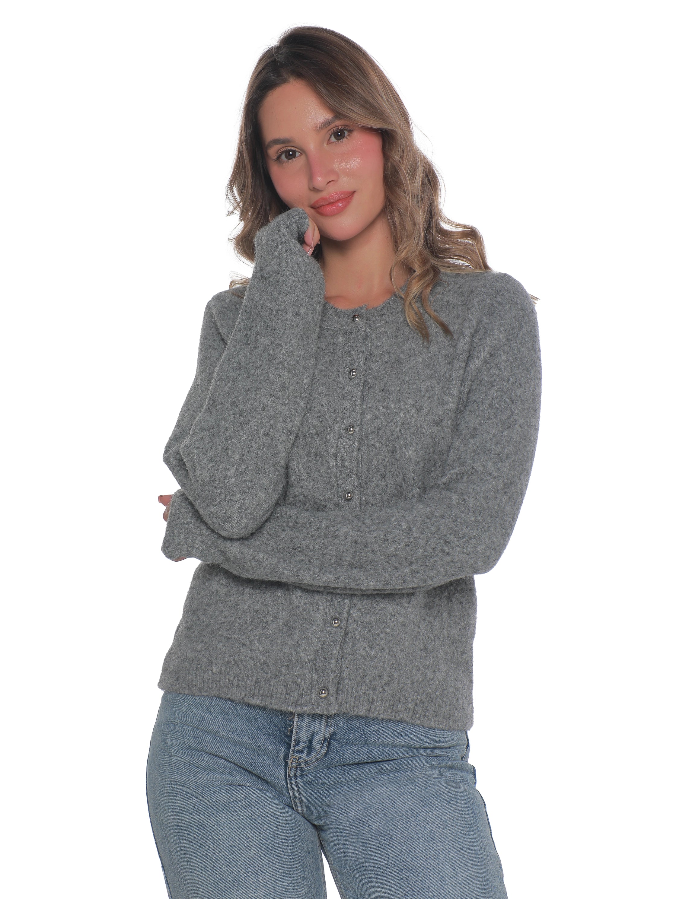 Round Neck Grey Pullover With Button To Close