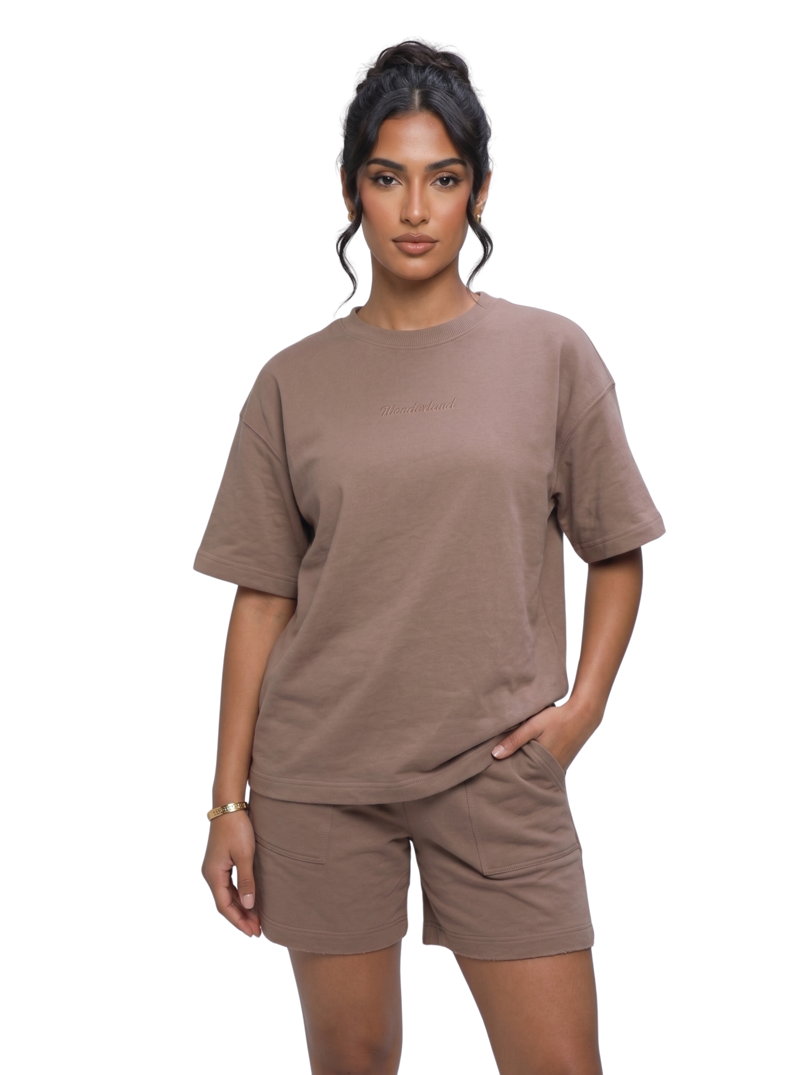 Brown Two Piece Short Set With High Crew Neck