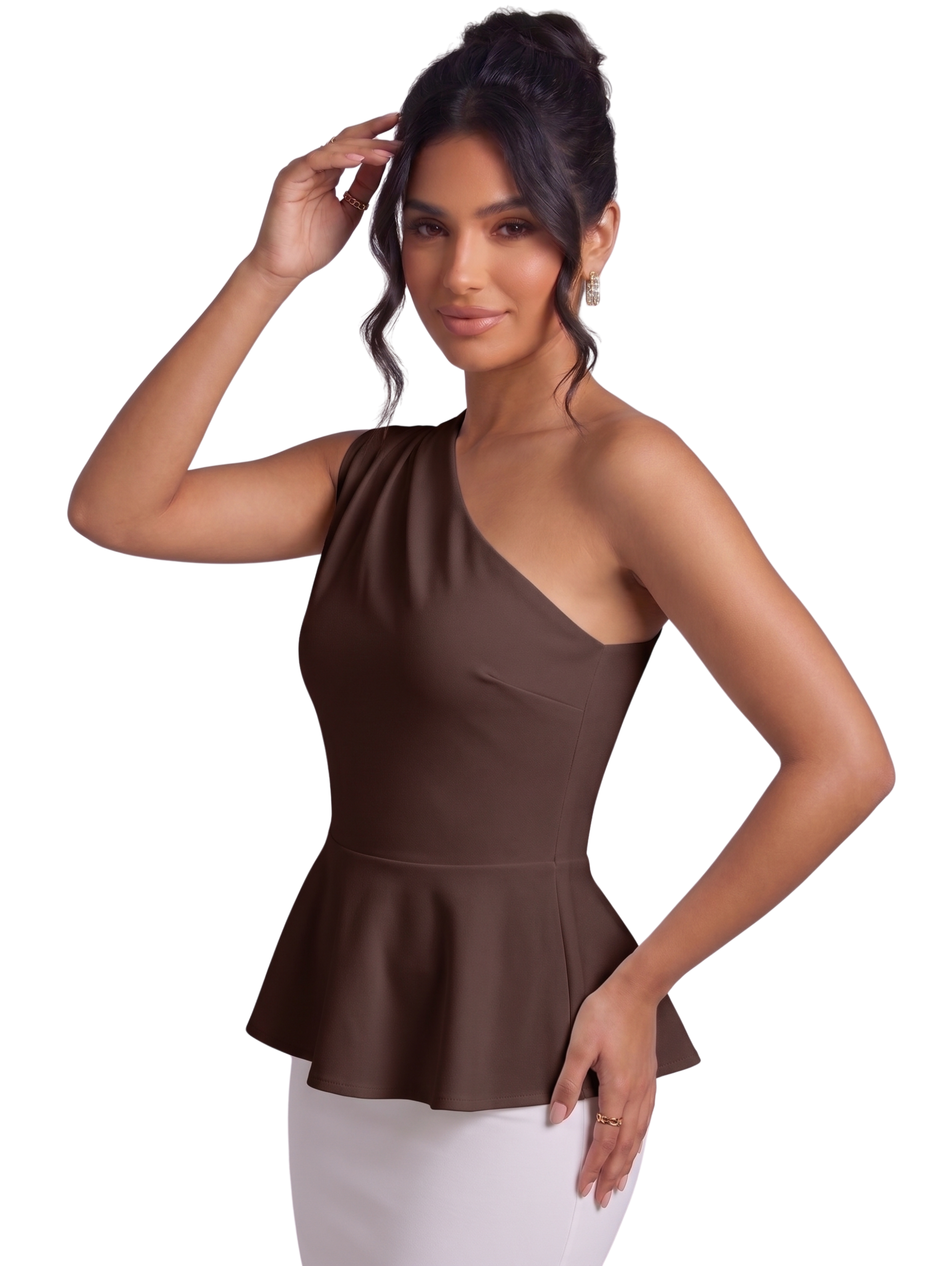 Brown One Shoulder Peplum Top