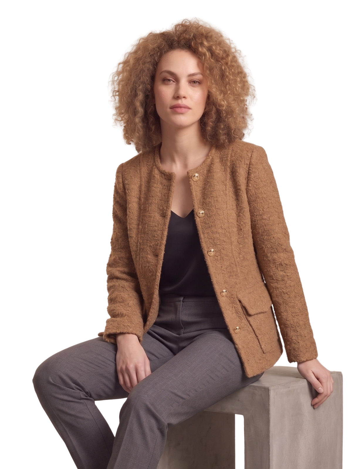 Brown Woven Textured Collarless Button Up Jacket