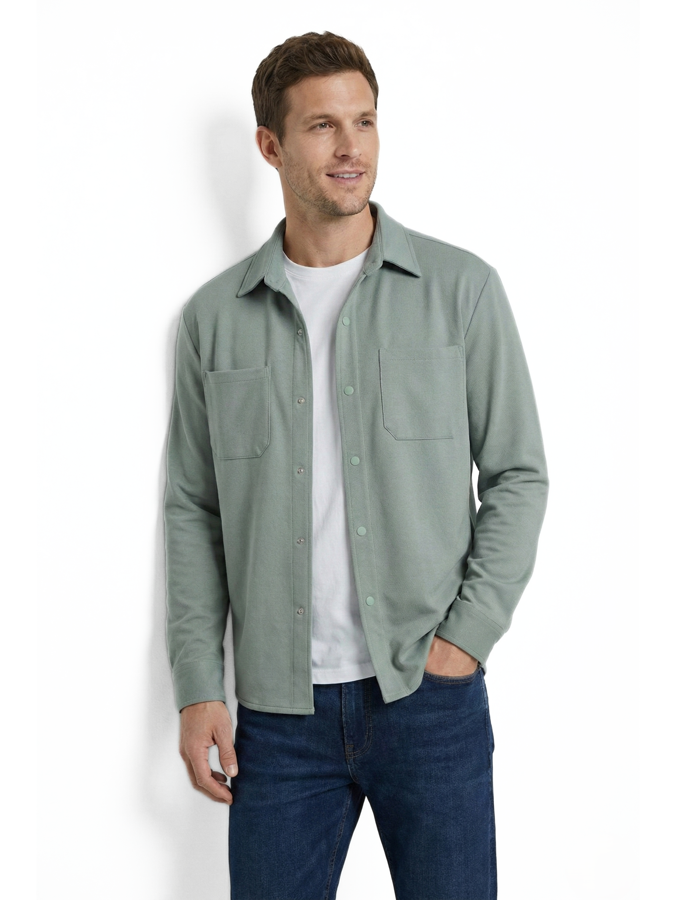 Long Sleeve Buttoned Grey Shirt With Chest Attached Pockets