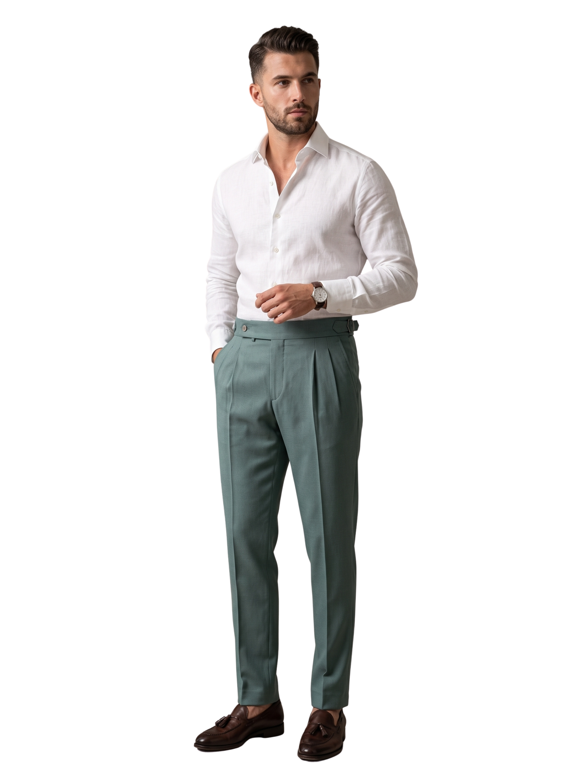 Green High Waistband Pants With A Buttoned Tab Closure & Side Buckles