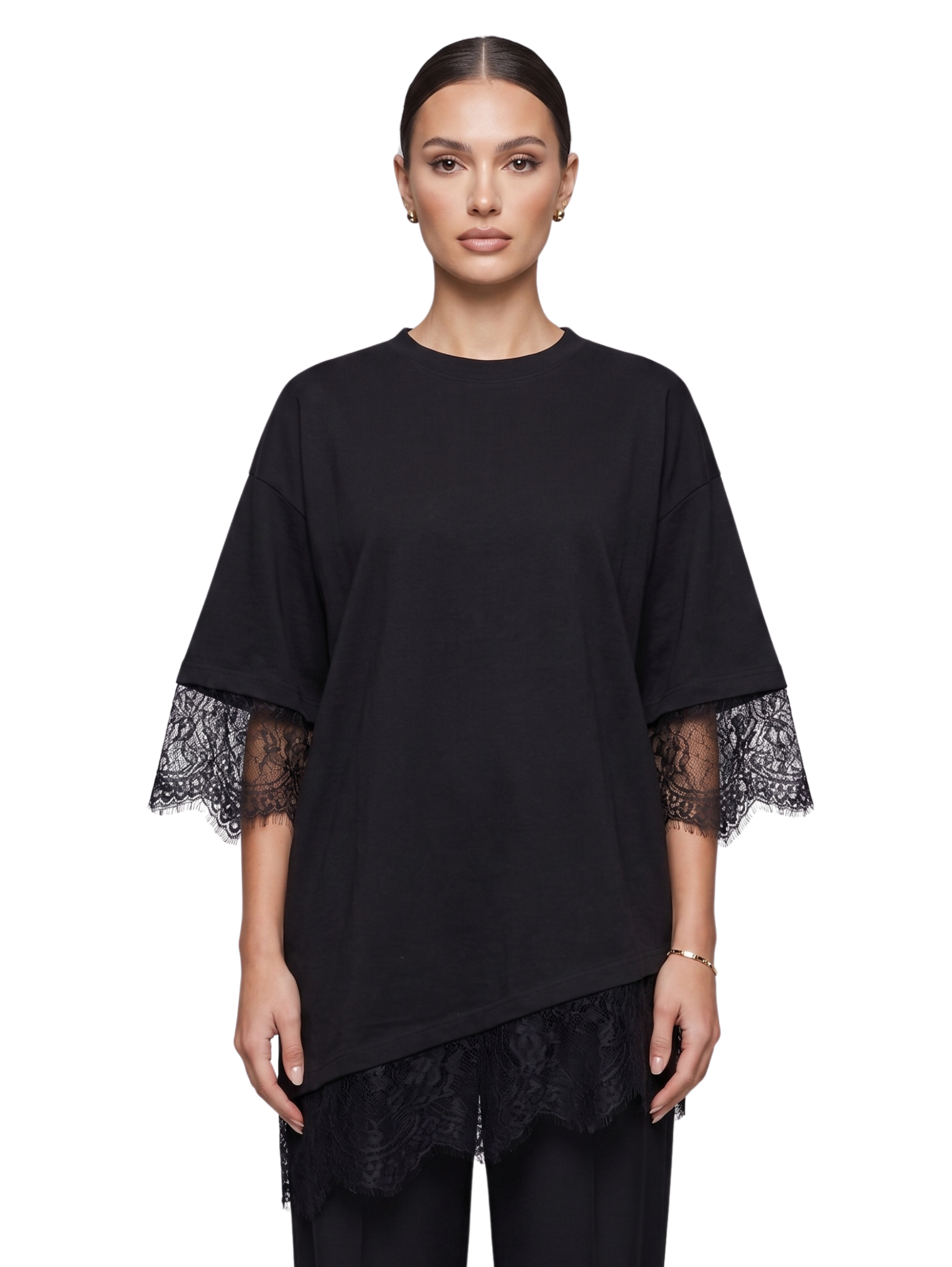 Black Short Sleeved T-Shirt With Lace Design