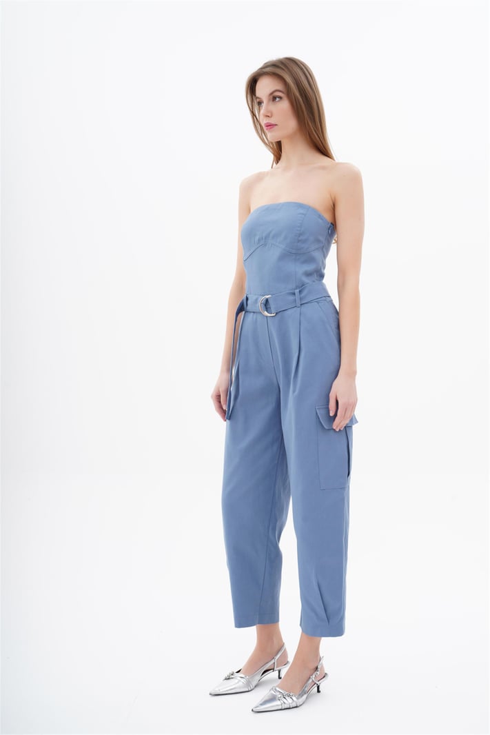 Off Shoulders Blue Overall With Waist Belt