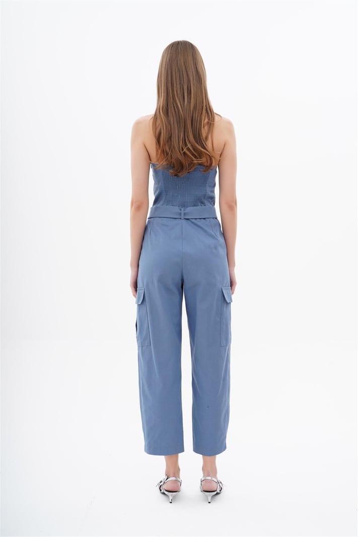 Off Shoulders Blue Overall With Waist Belt