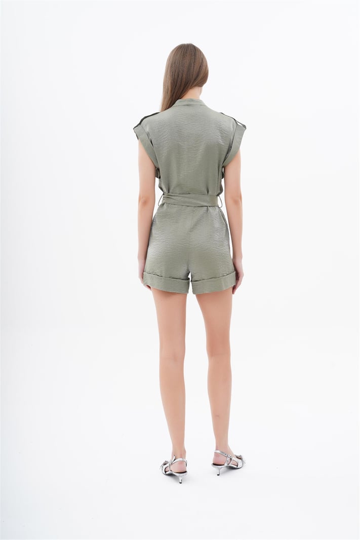 Olive Overall Short Belted With Chest Pockets
