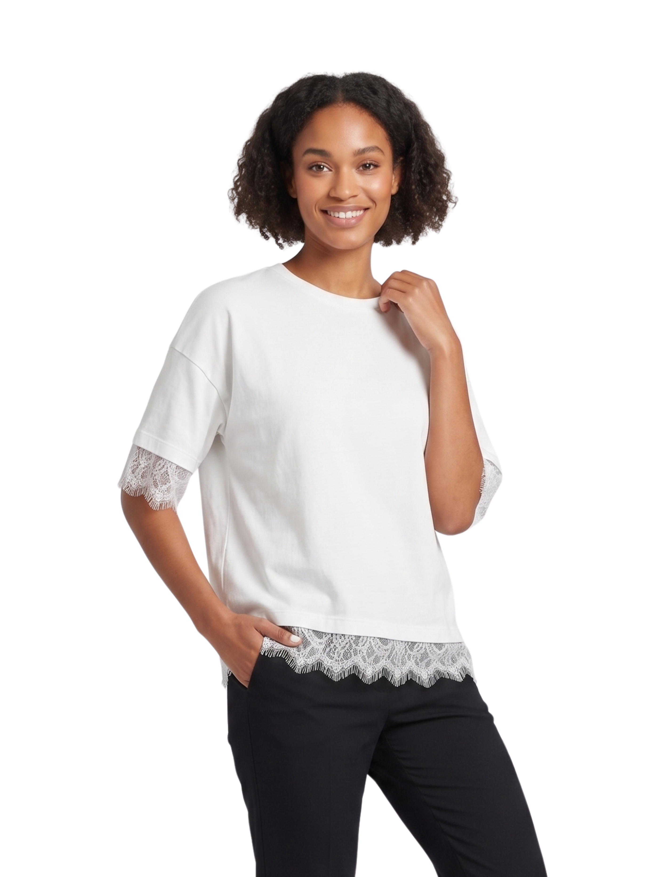 White Short Sleeved T-Shirt With Floral Lace Design