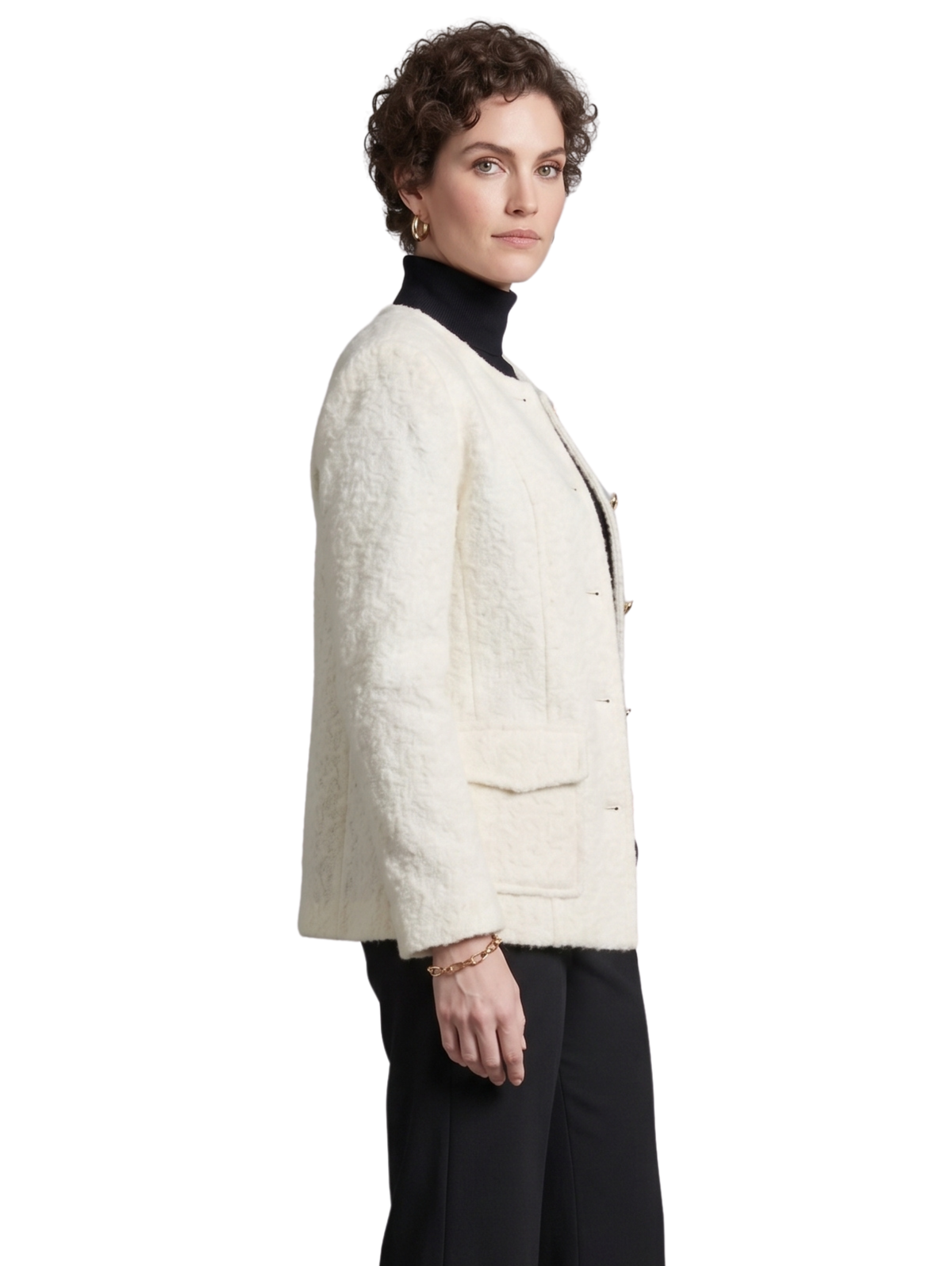 Off White Woven Textured Collarless Button Up Jacket