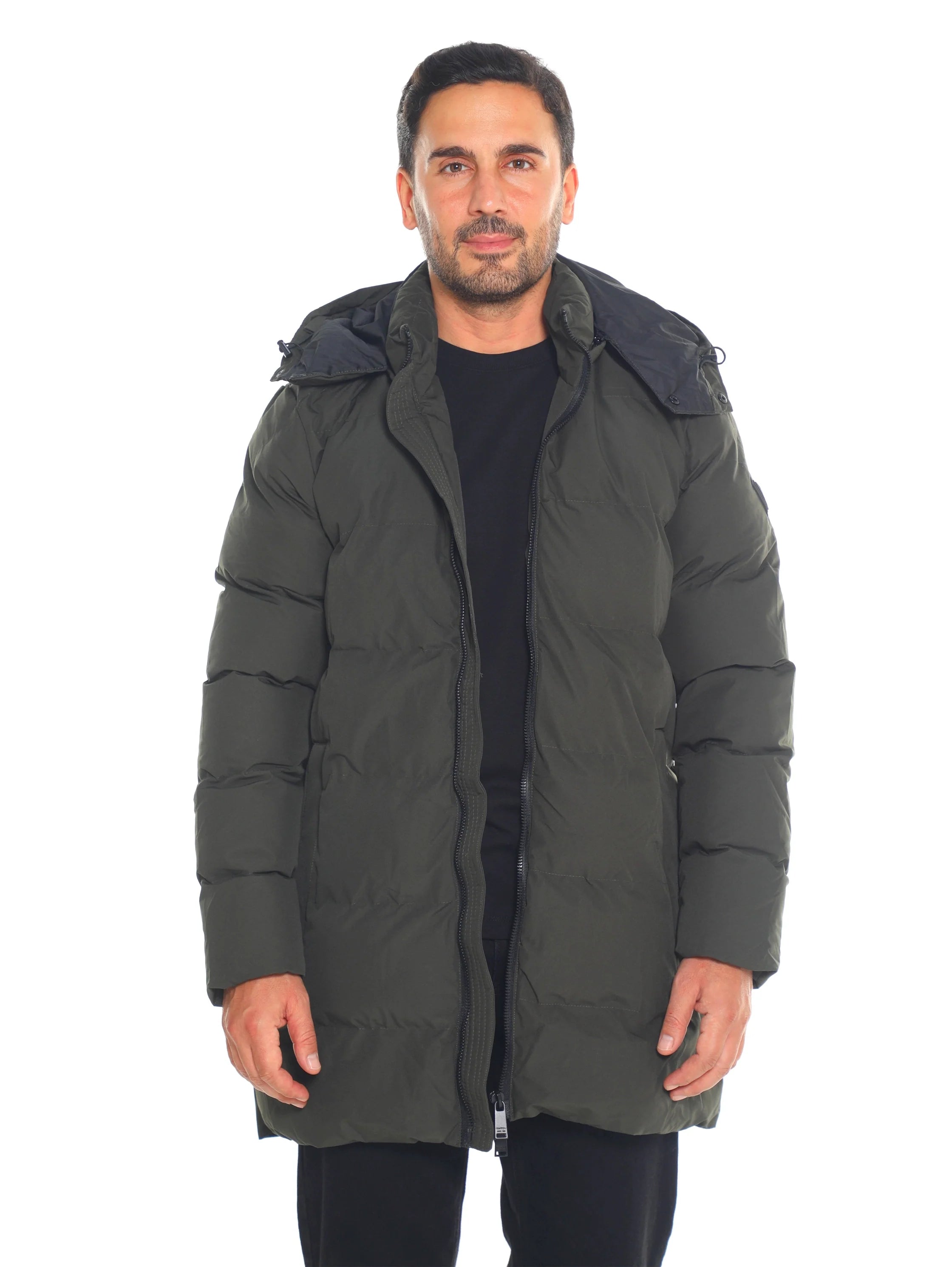 Khaki Padded Quilted Long Jacket With Zipper To Close