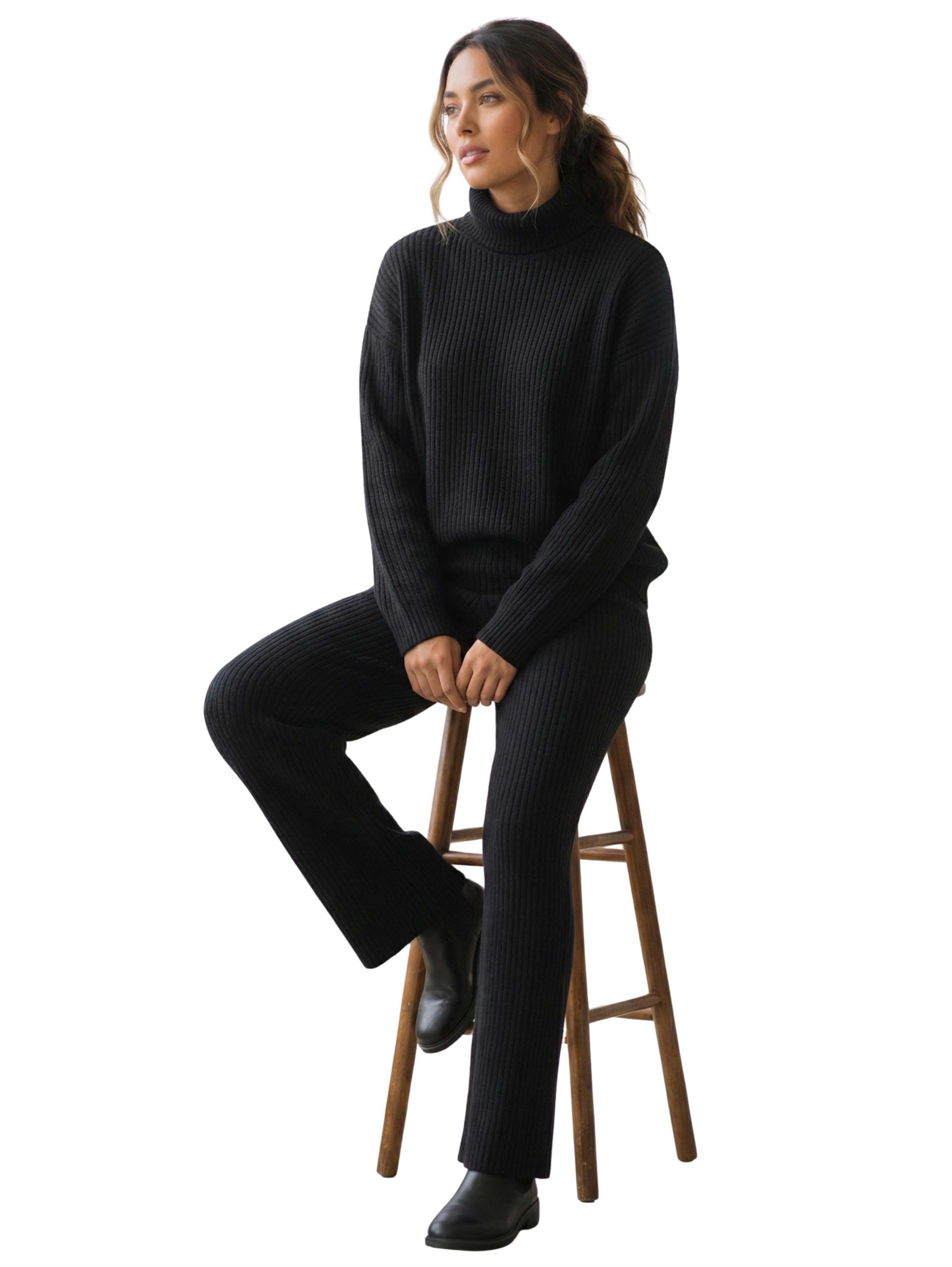 High Neck Ribbed Black Sweater With Pant