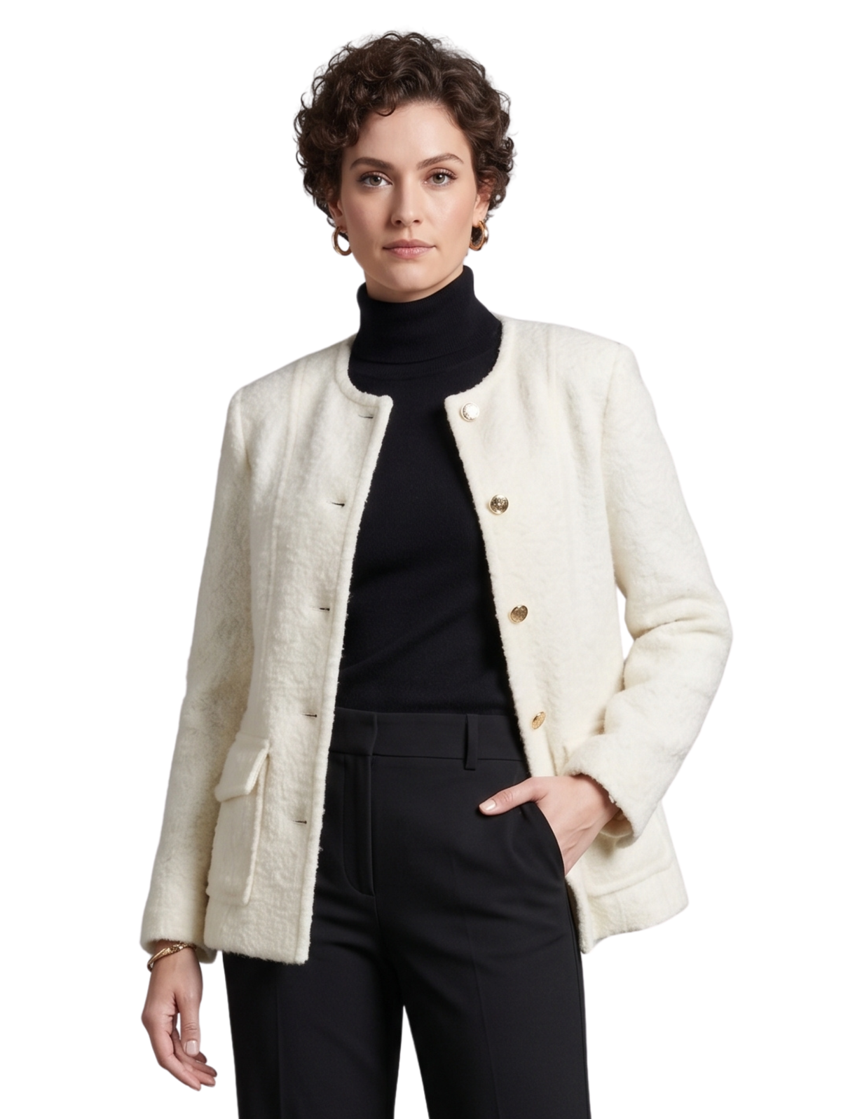 Off White Woven Textured Collarless Button Up Jacket
