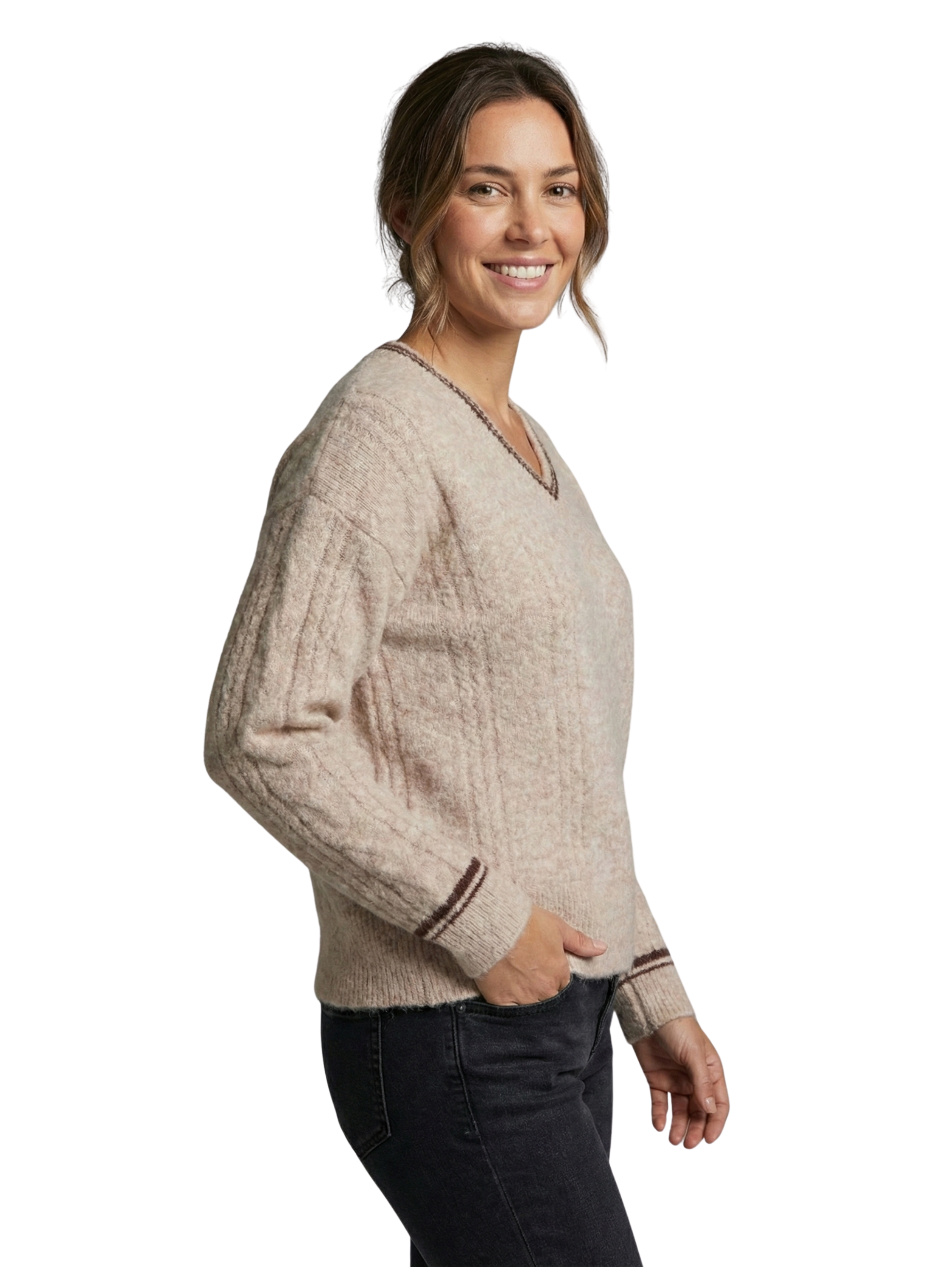 Beige Knitted V-Neck Warm Pullover