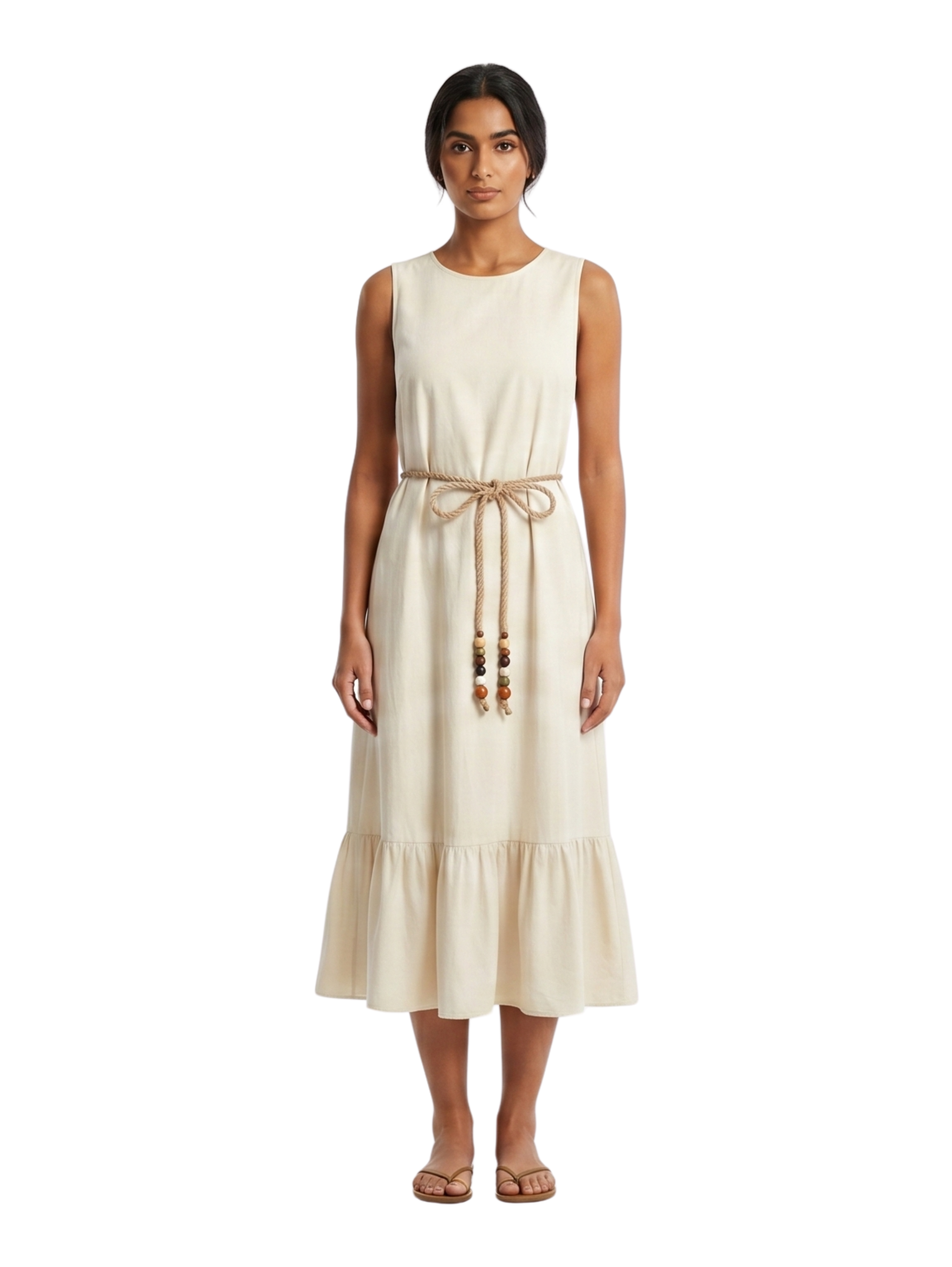Beige Sleeveless Linen Dress With Classic Round Neckline