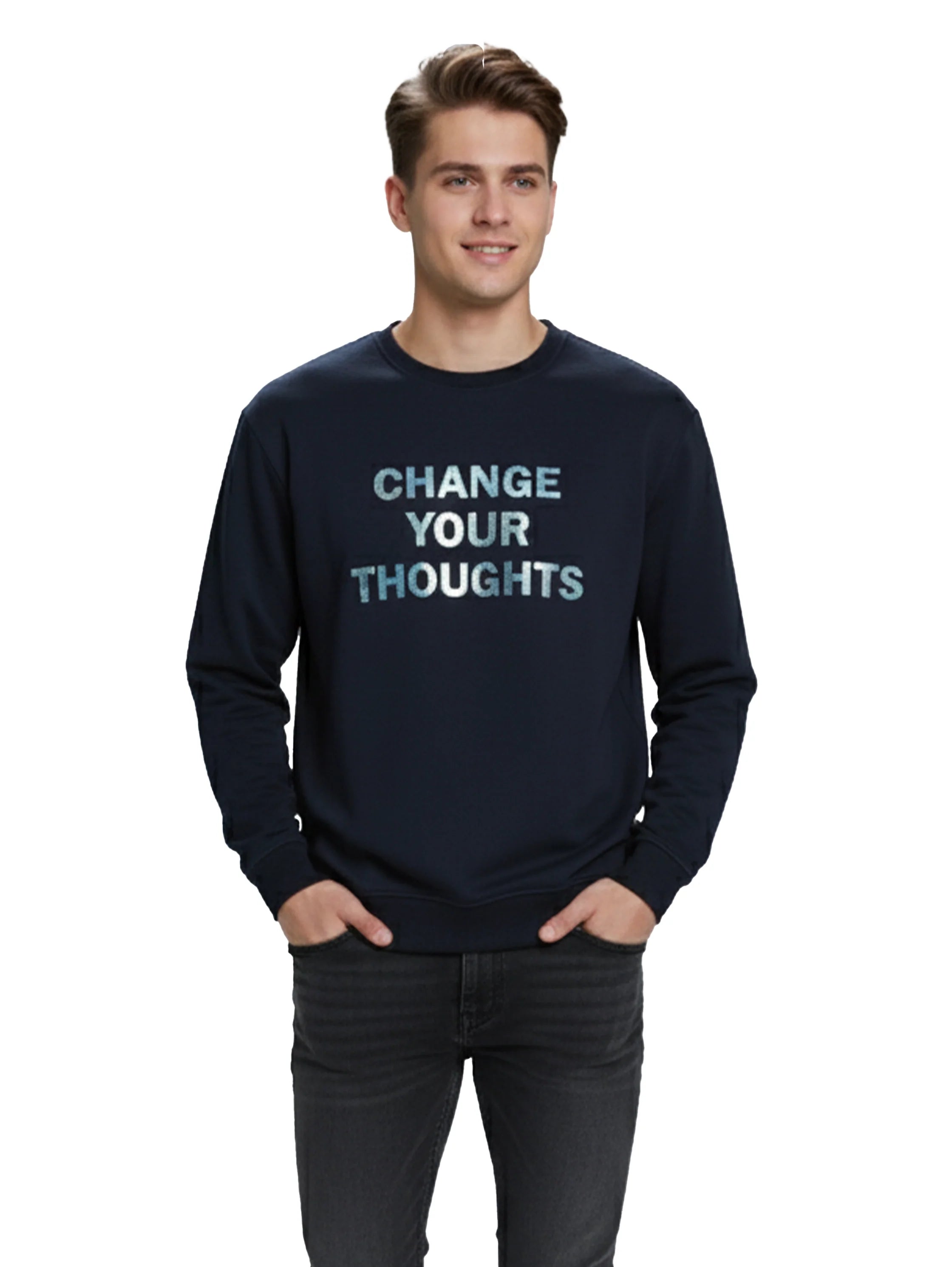 Navy Sweater With " Change Your Thought " Front Design