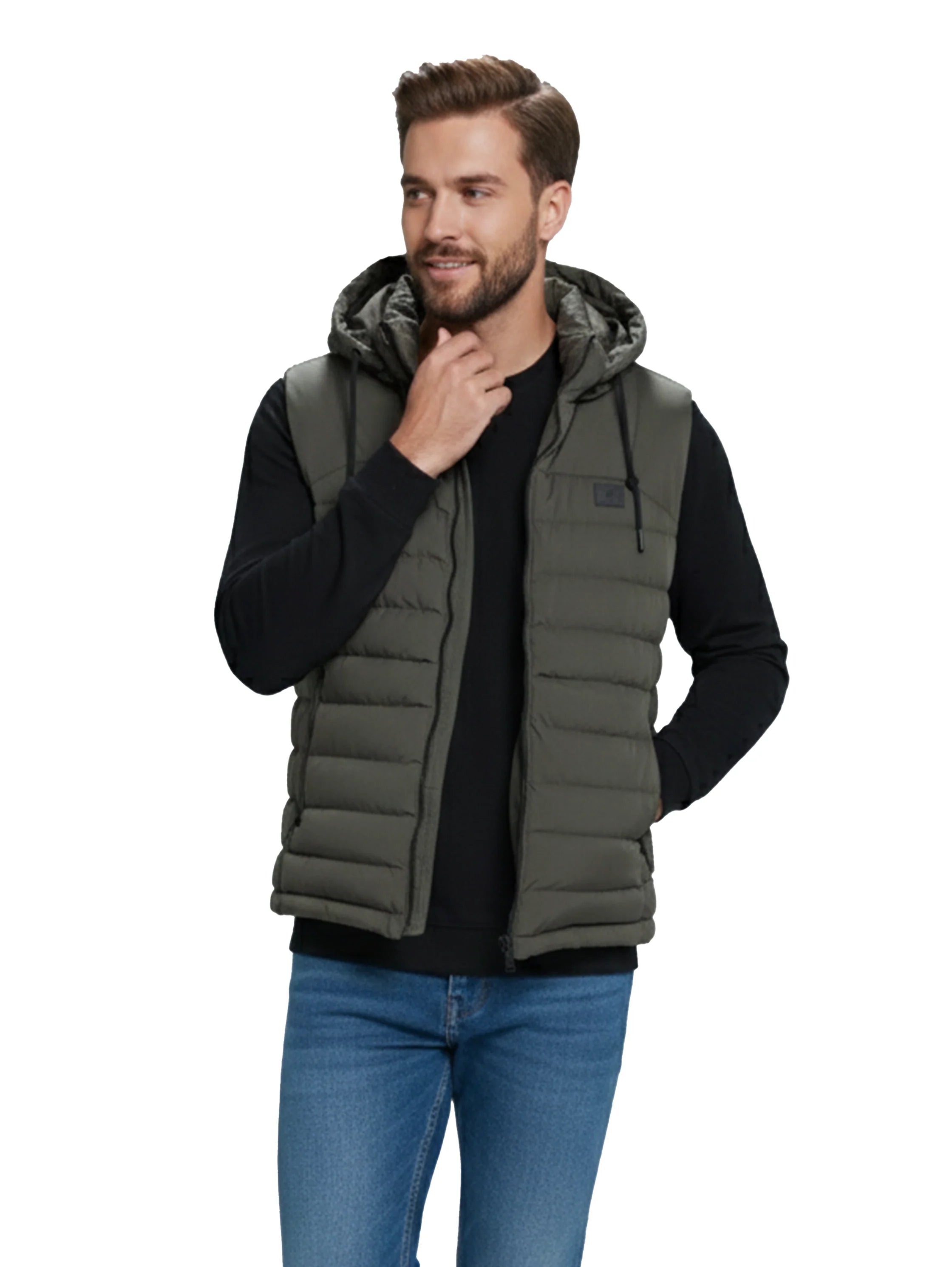 Olive Zippered Padded Vest With Hoodie