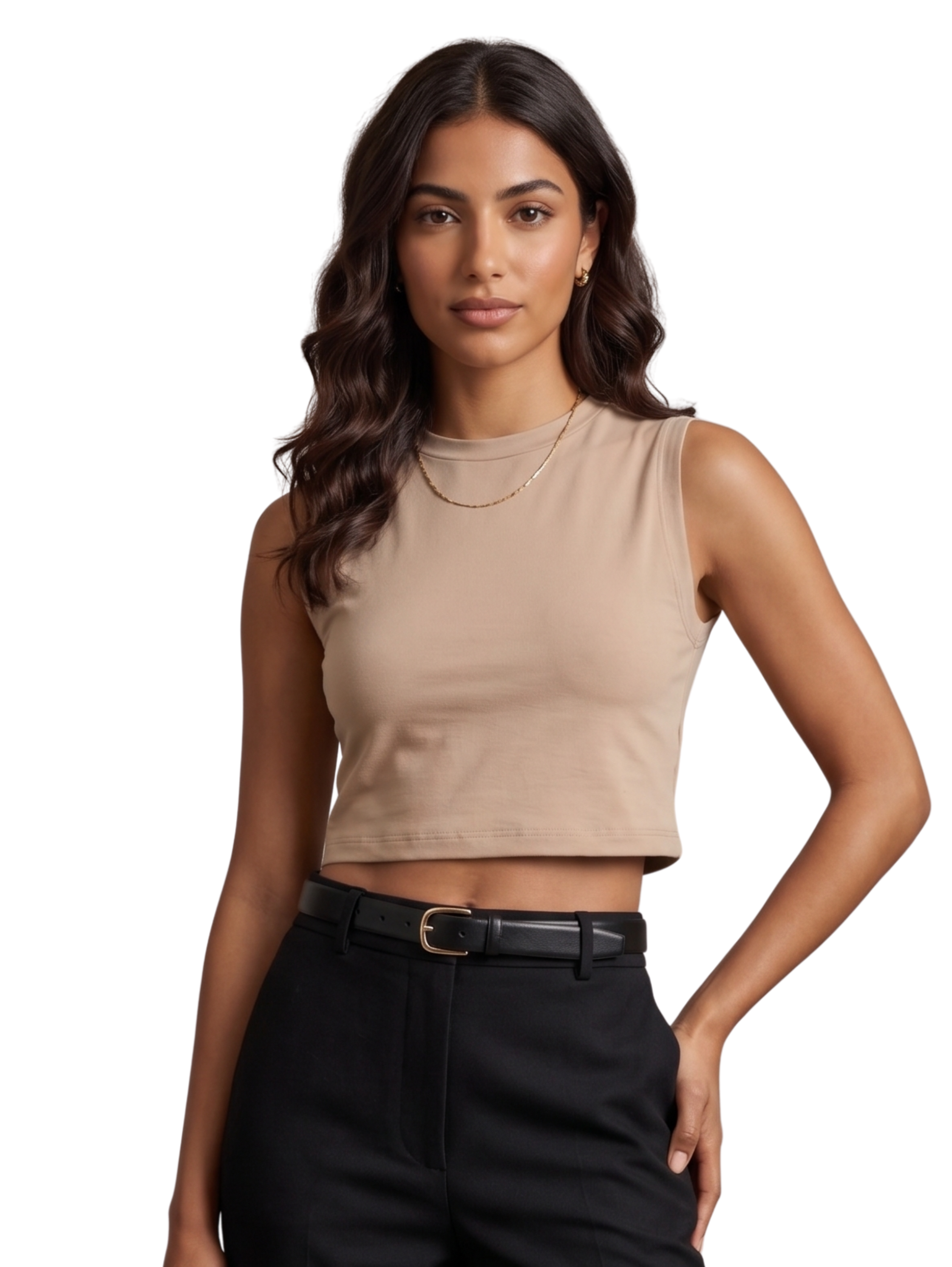 Beige Sleeveless Crop Top With Round Neckline