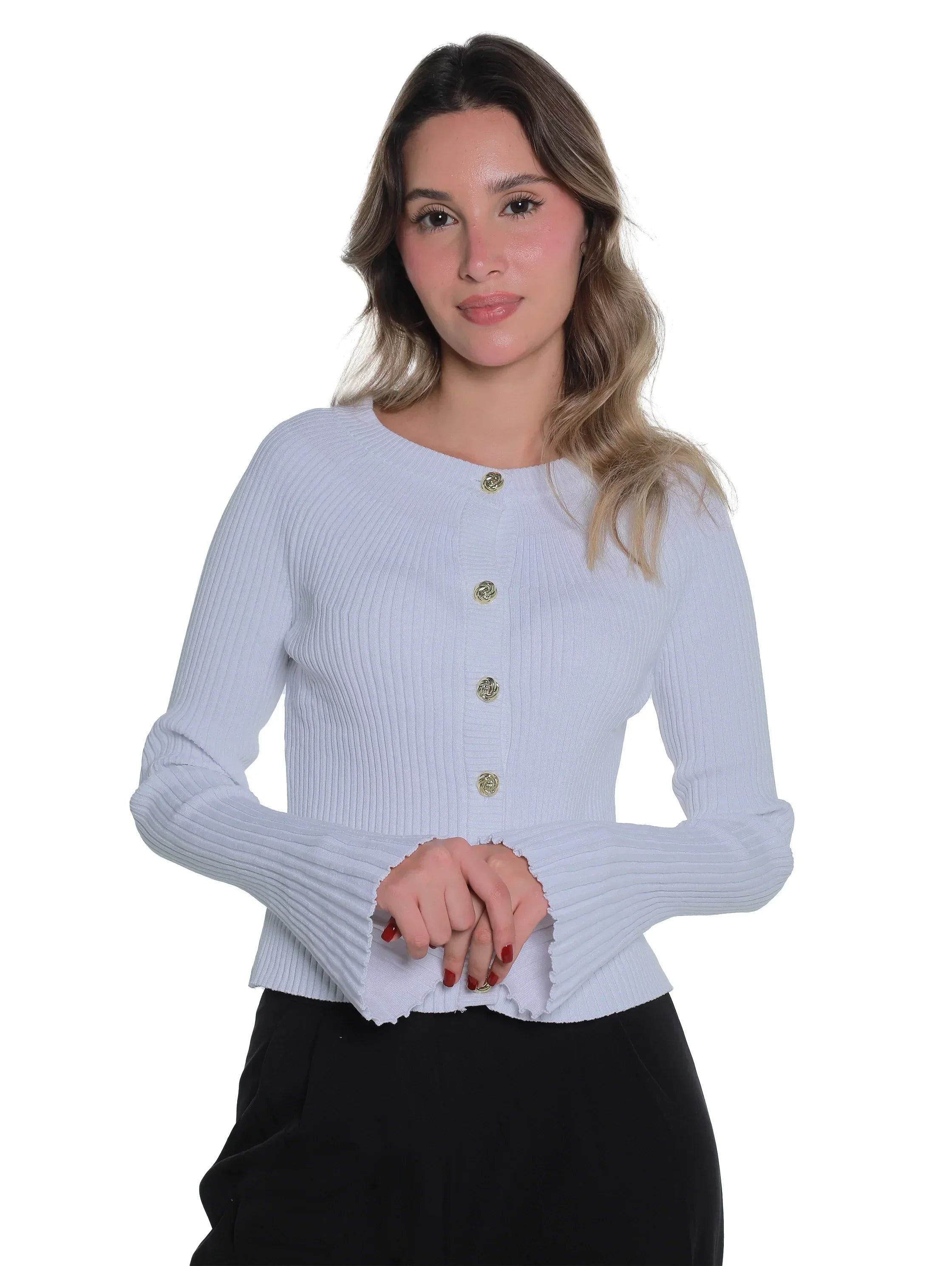 Ribbed White Pullover With Button To Close