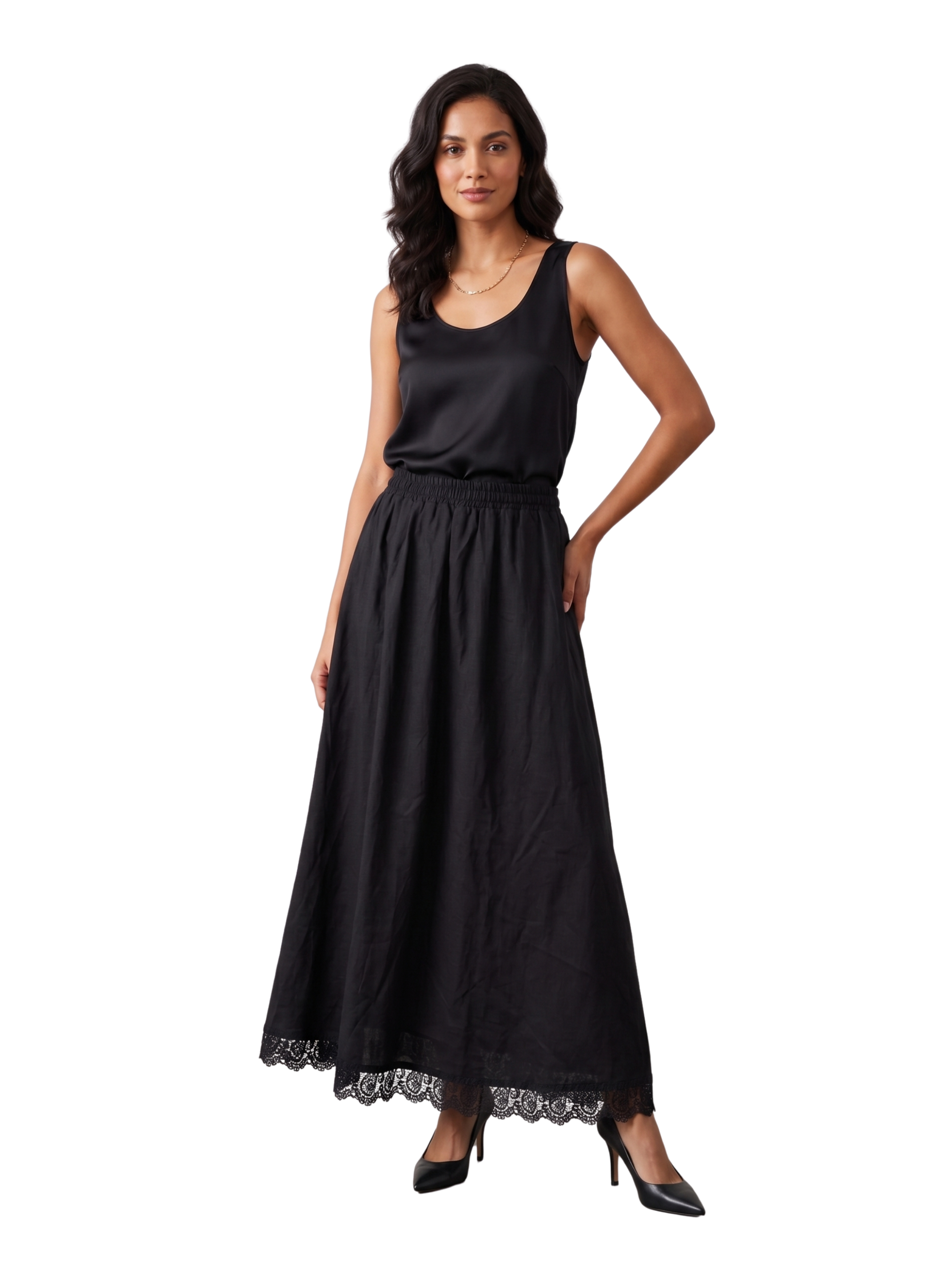 Black High Waist Midi Skirt With Lace Design