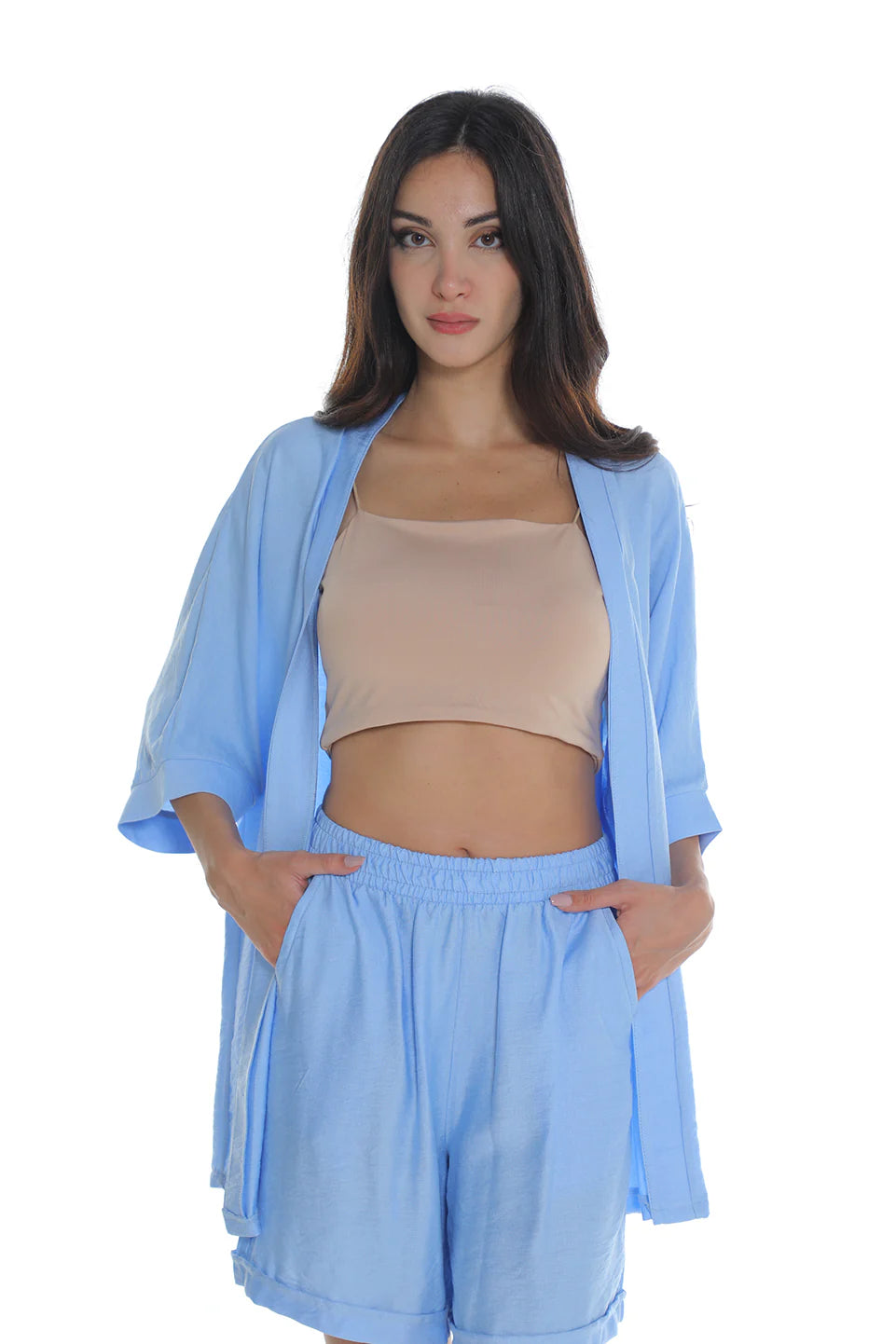Blue Drop Shoulder Linen Cardigan
