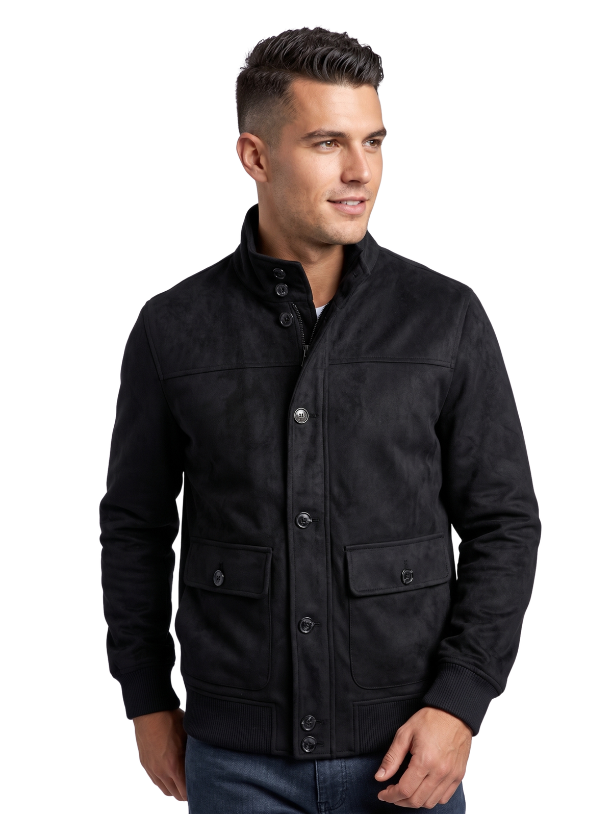 Black Faux Suede Stand Collar Bomber