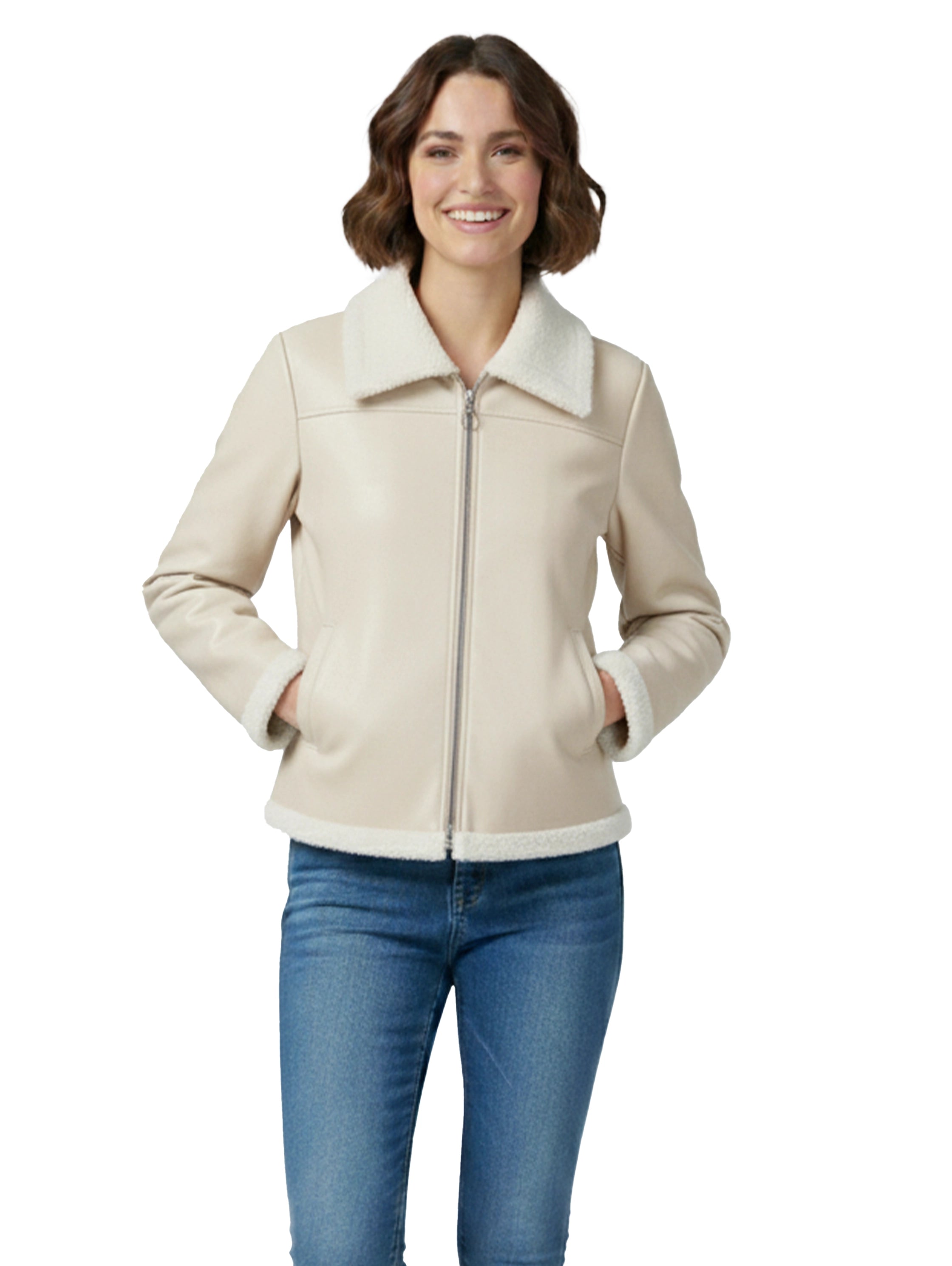 Beige Leather Jacket With Fure Design