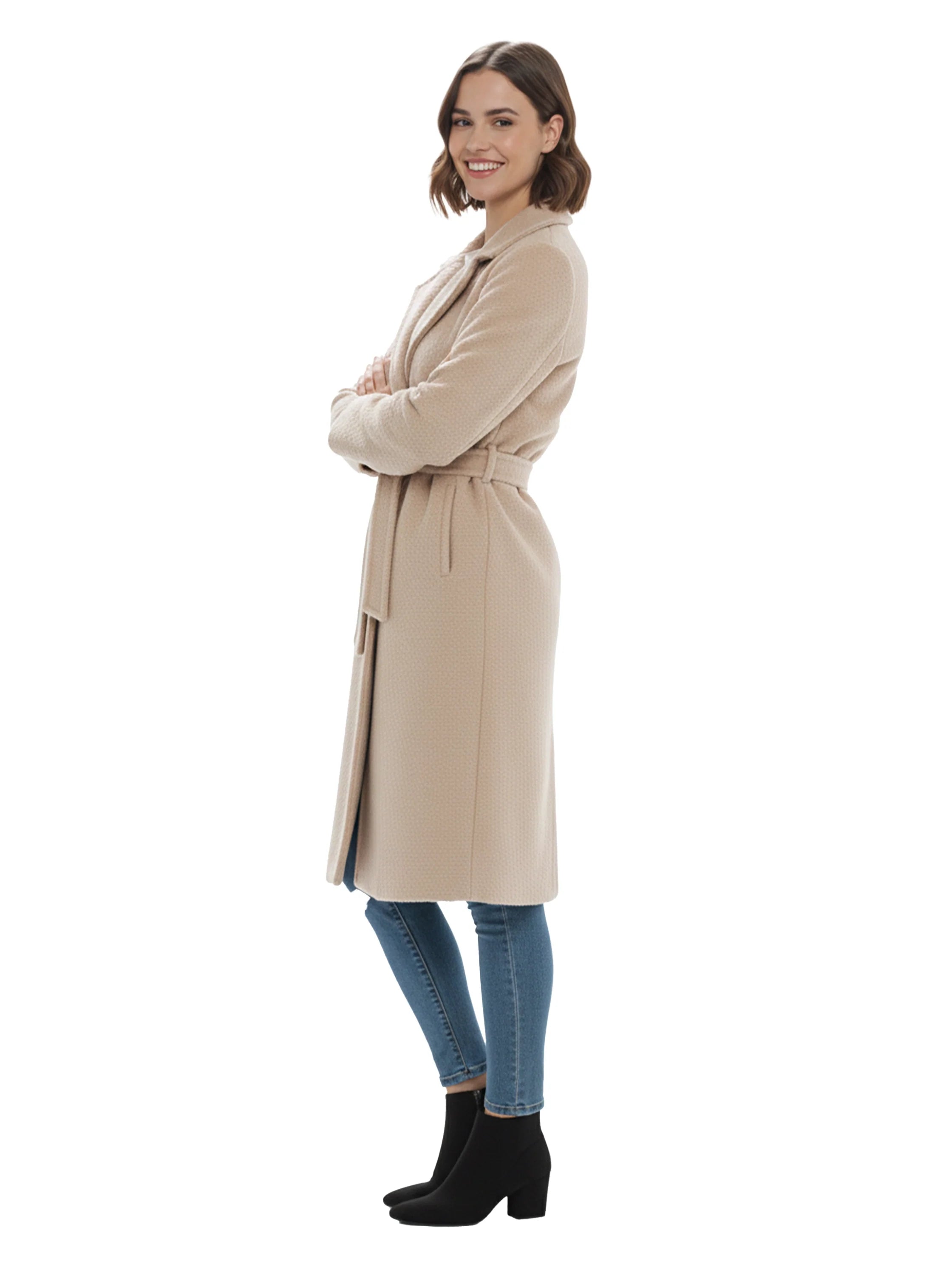 Beige Waisted Tie Long Coat