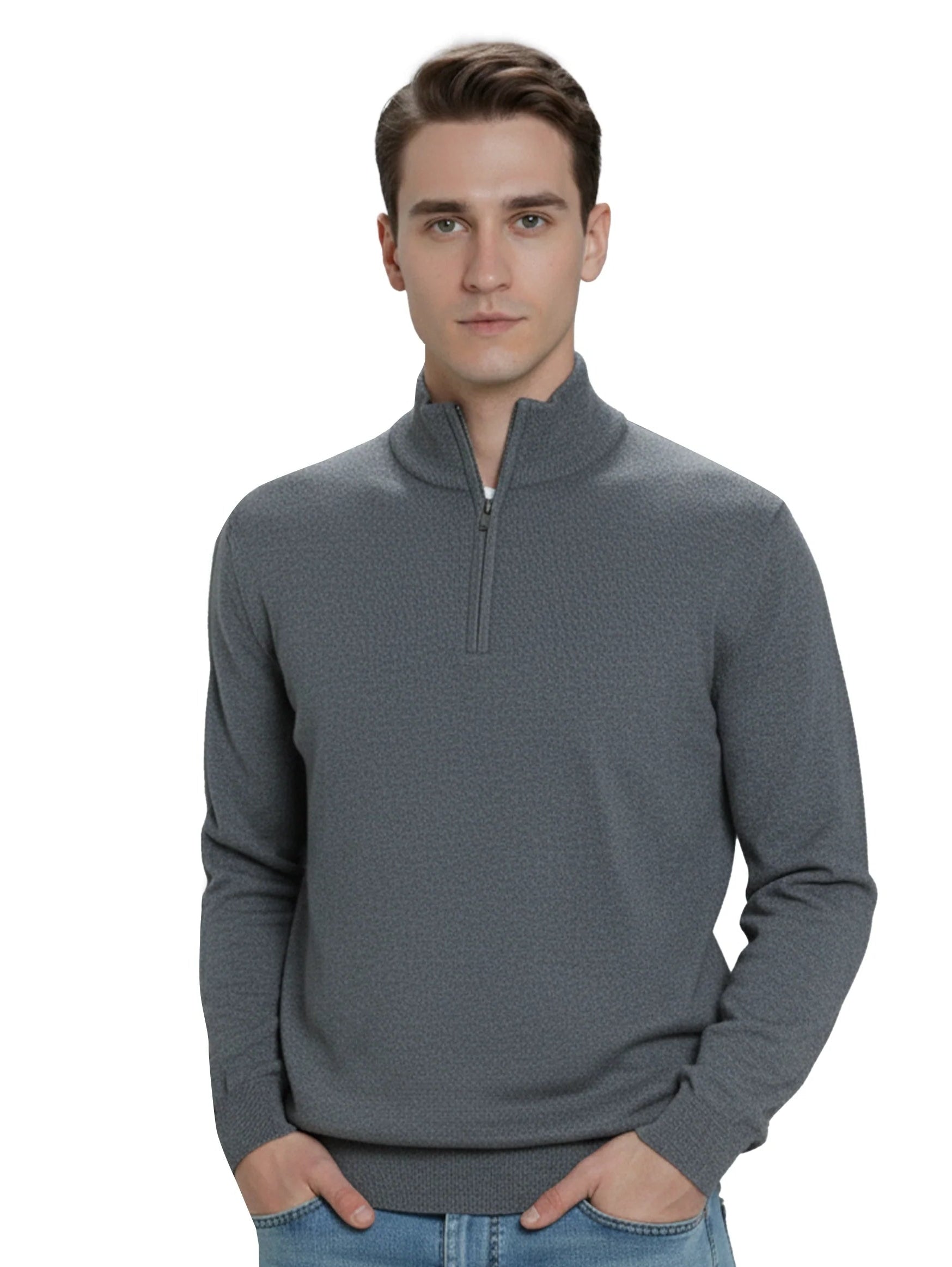 Stand Up Collar Dark Grey Pullover With Half Zipper To Close