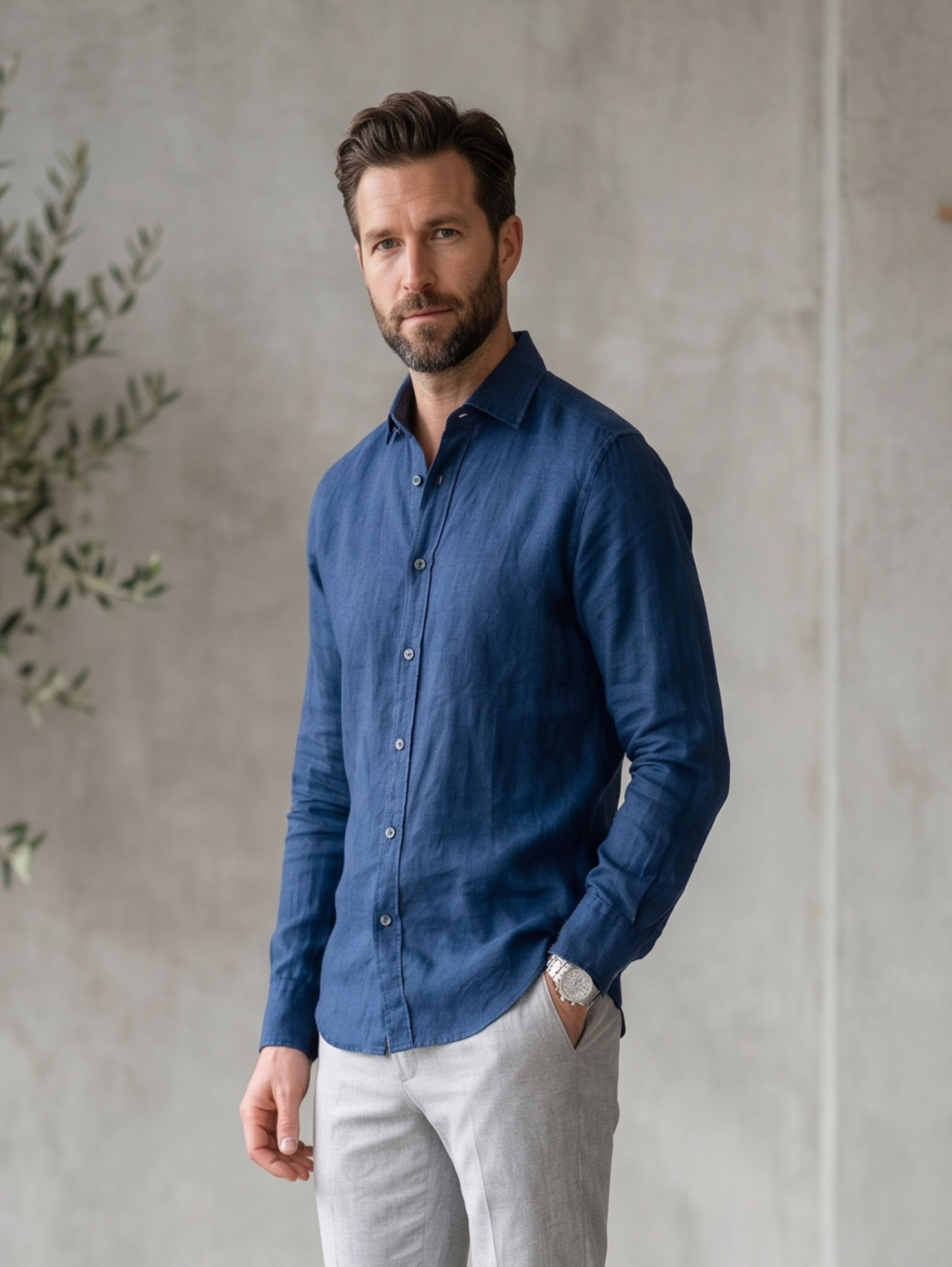 Navy Long Sleeved Linen Shirt