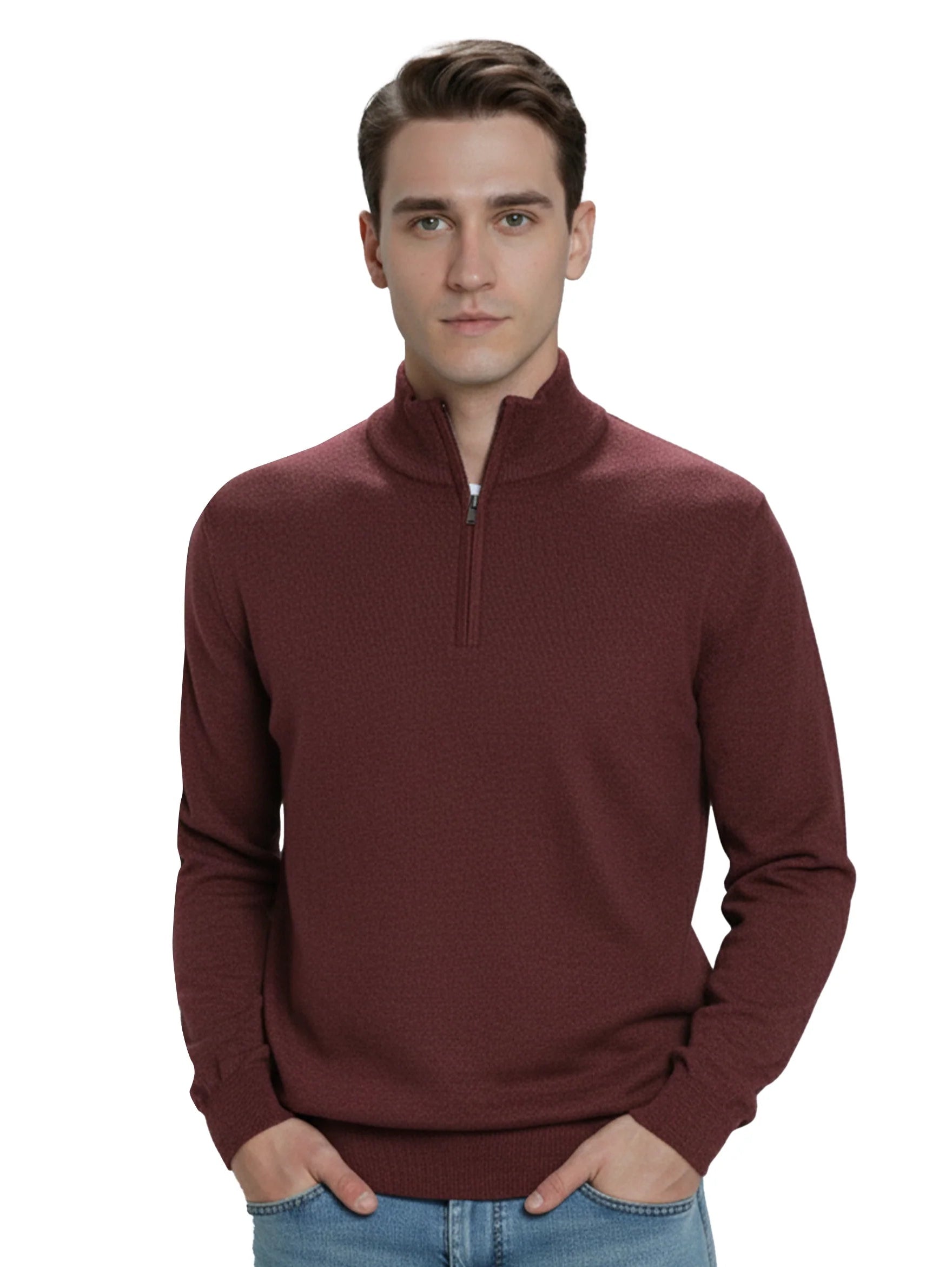 Stand Up Collar Bordo Pullover With Half Zipper To Close