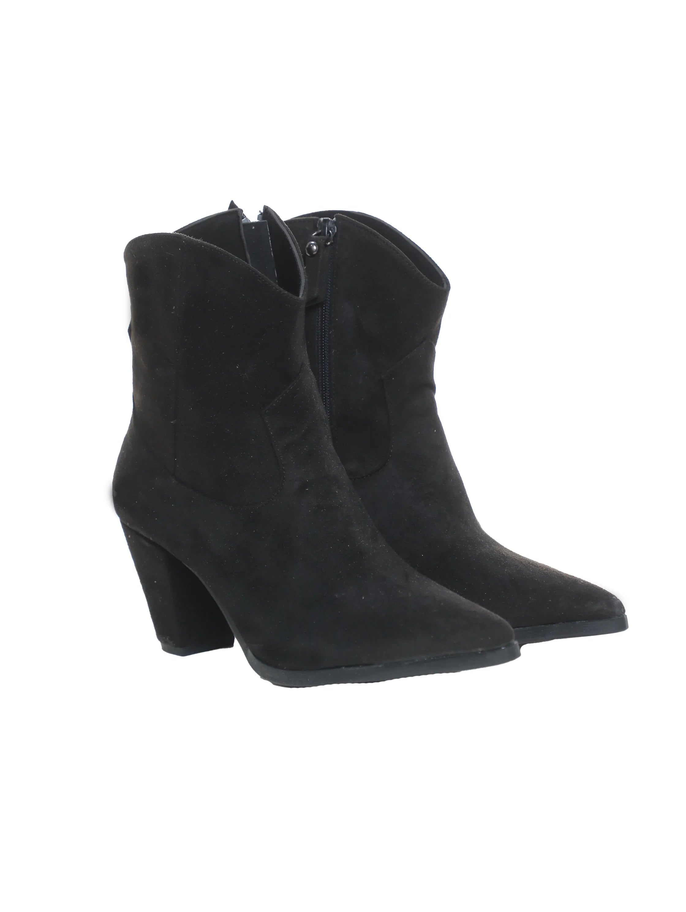 Black Velvet Ankle Boot with A Mid High Block Heel