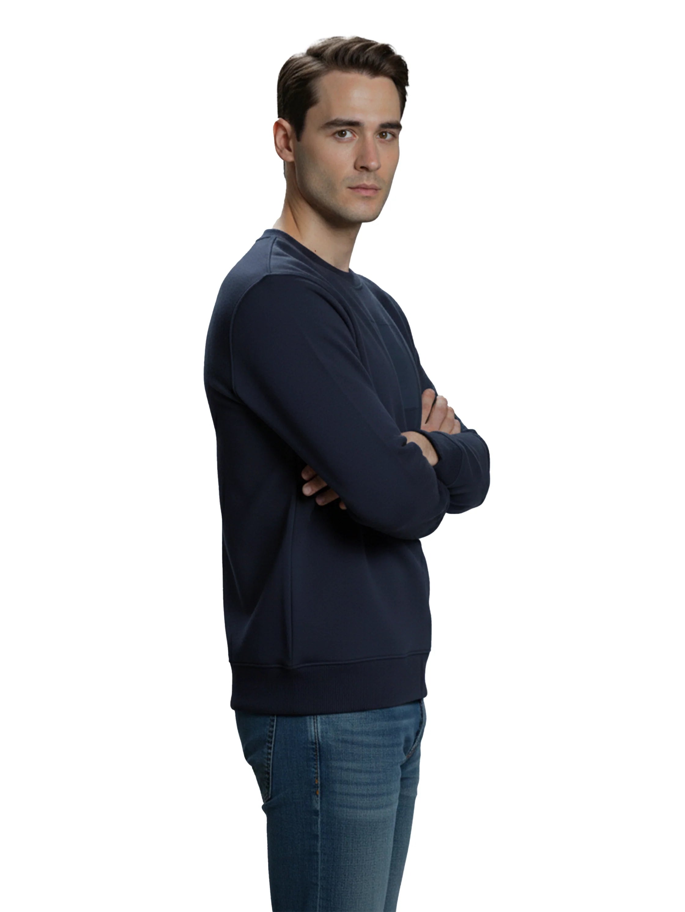 Round Neck Long Sleeve Cotton Navy Sweater