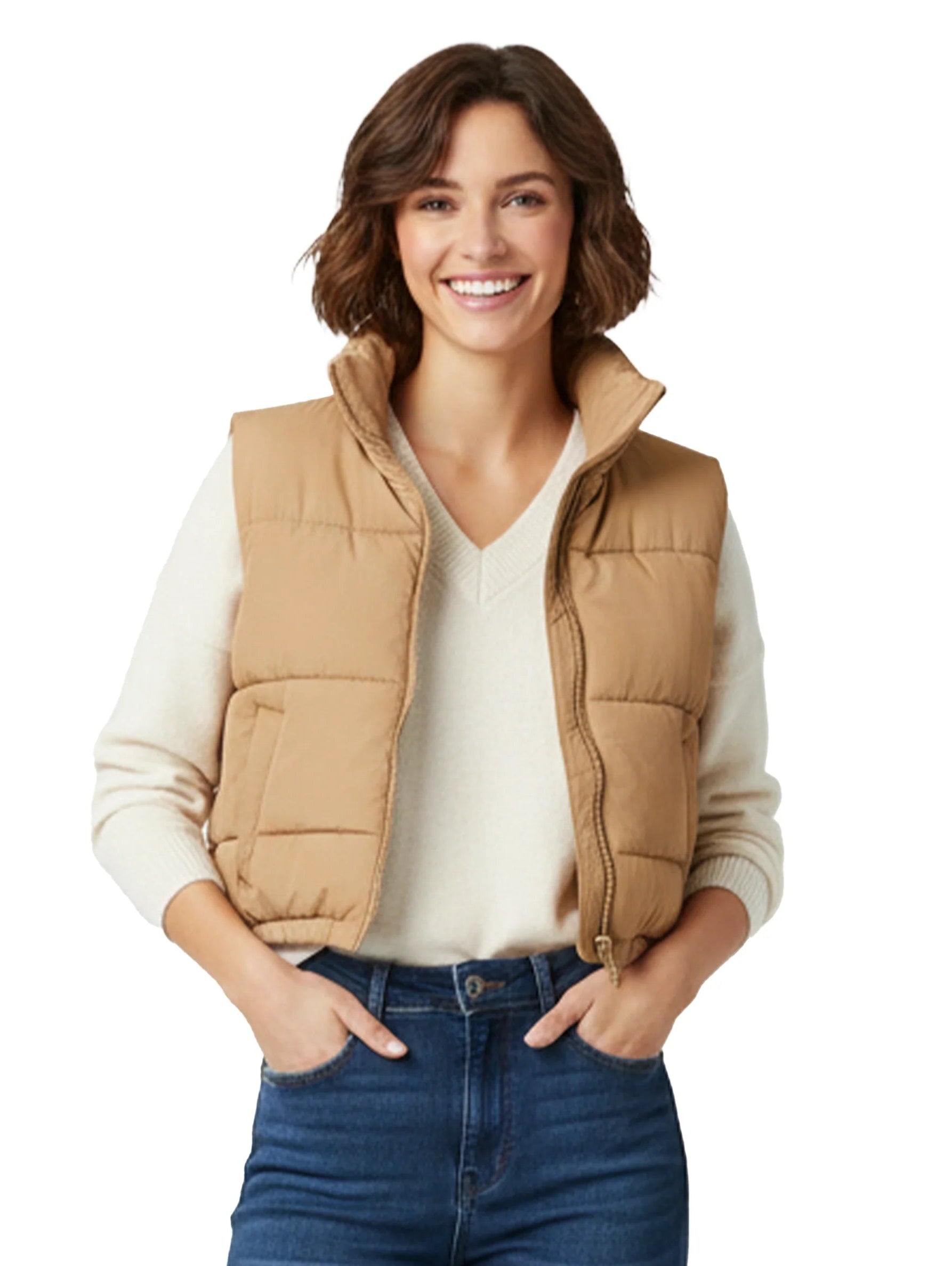 Crop Padded Beige Puffer Vest
