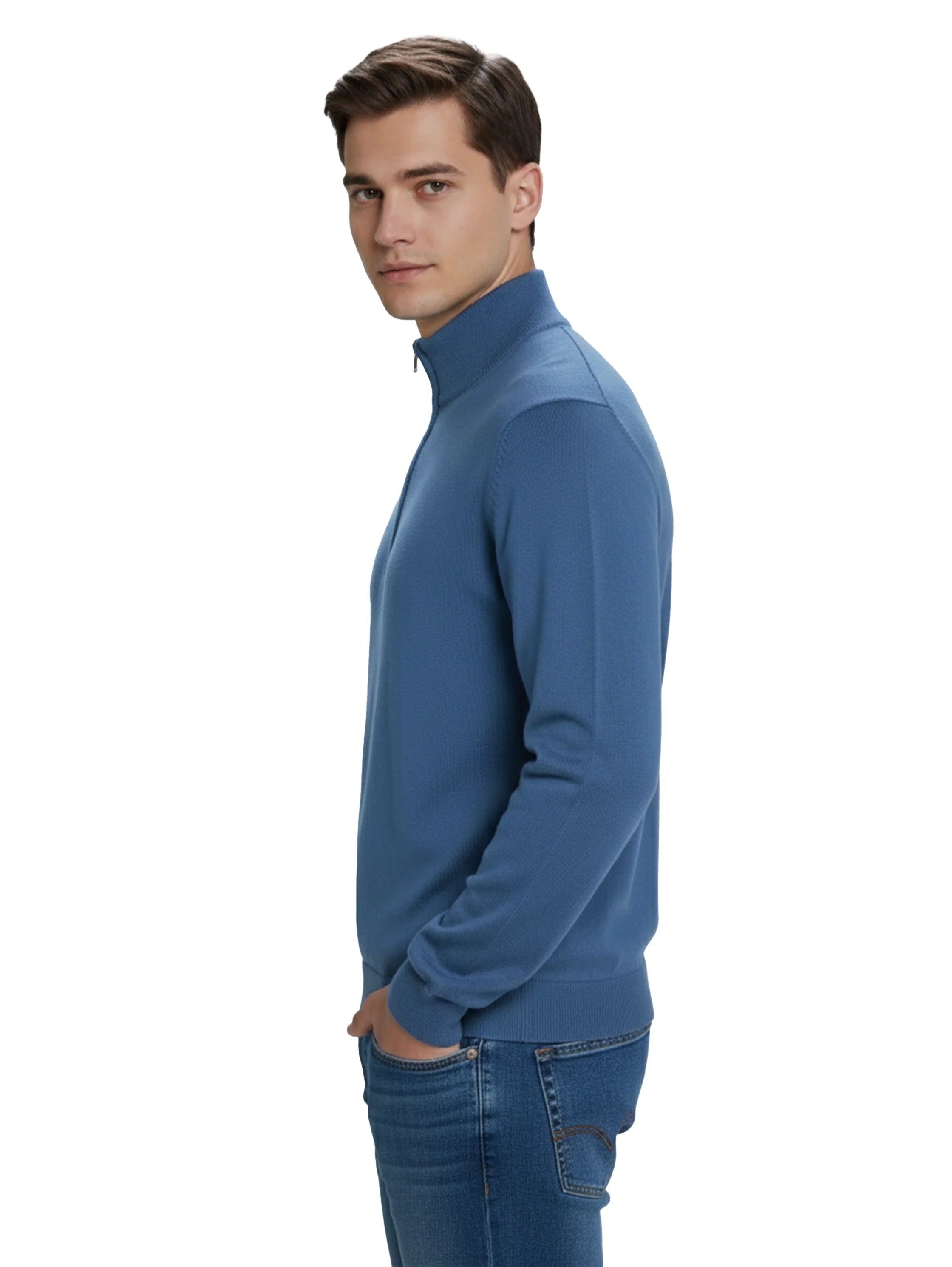 Stand Up Collar Indigo Pullover With Half Zipper To Close