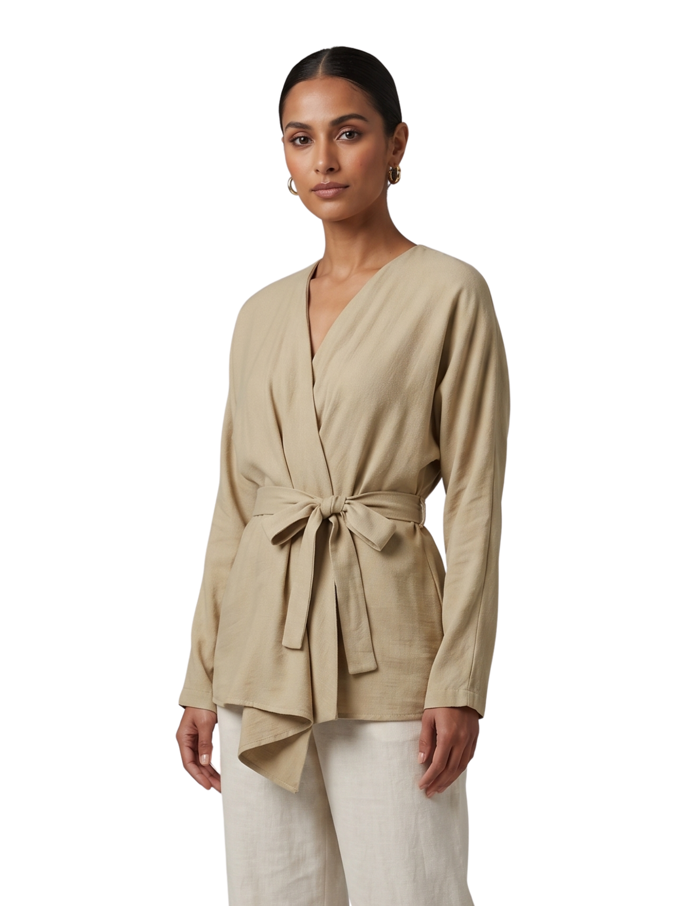 Long Sleeved Beige Cardigan With Matching Fabric Tie Belt