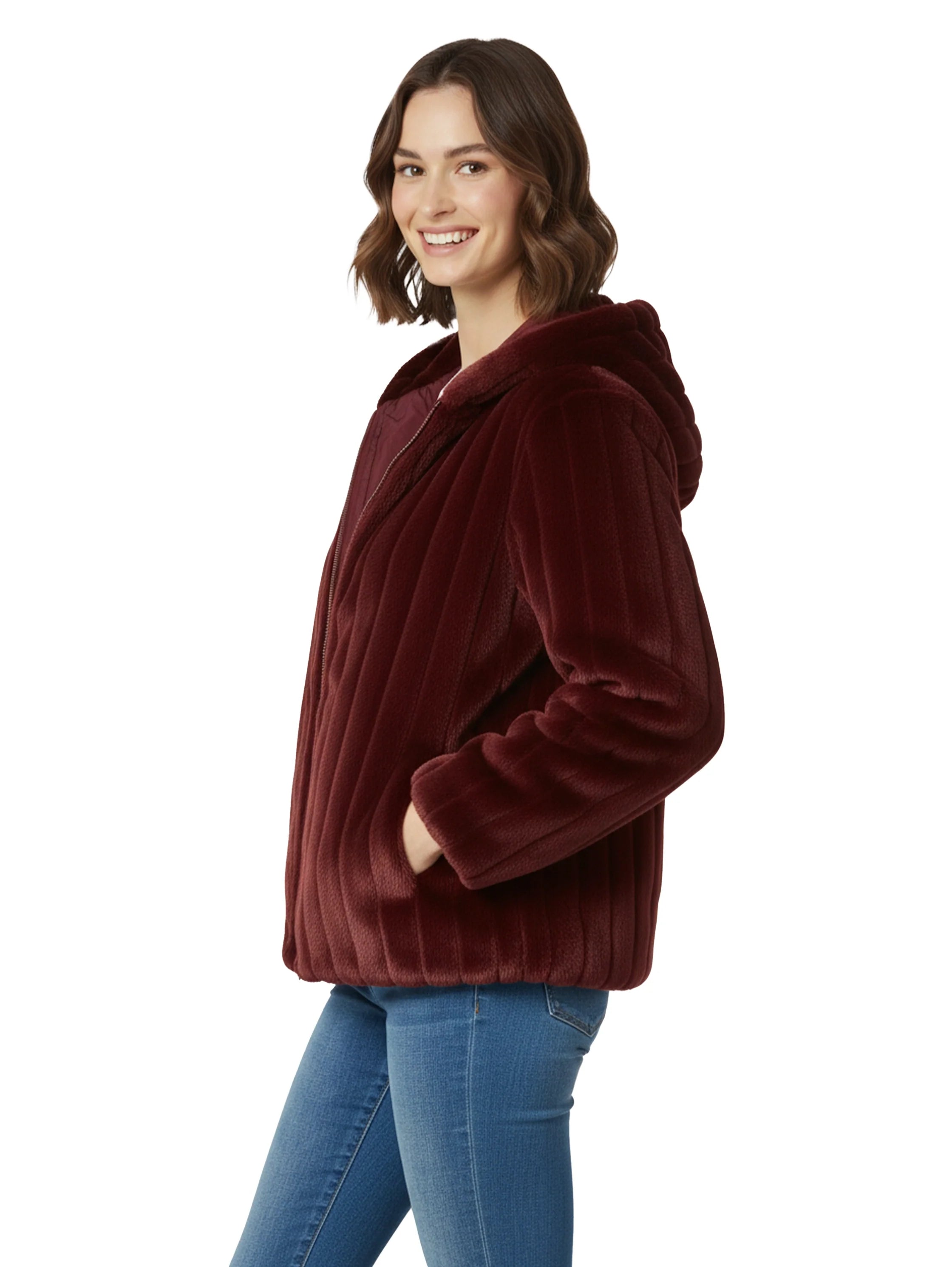 Short Wine Hooded Ribbed Fure Jacket