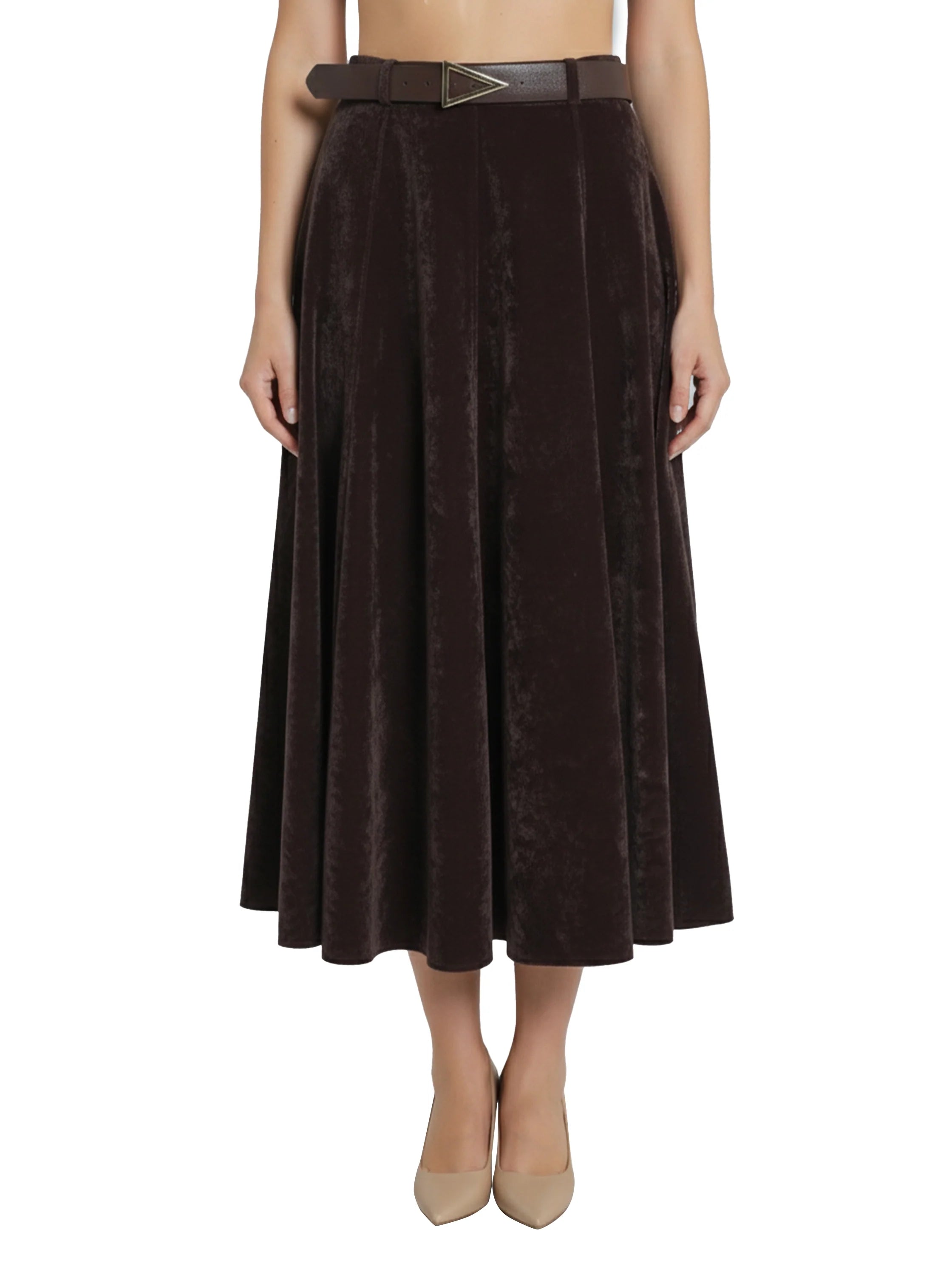 Dark Brown Velvet Maxi Skirt With Belt