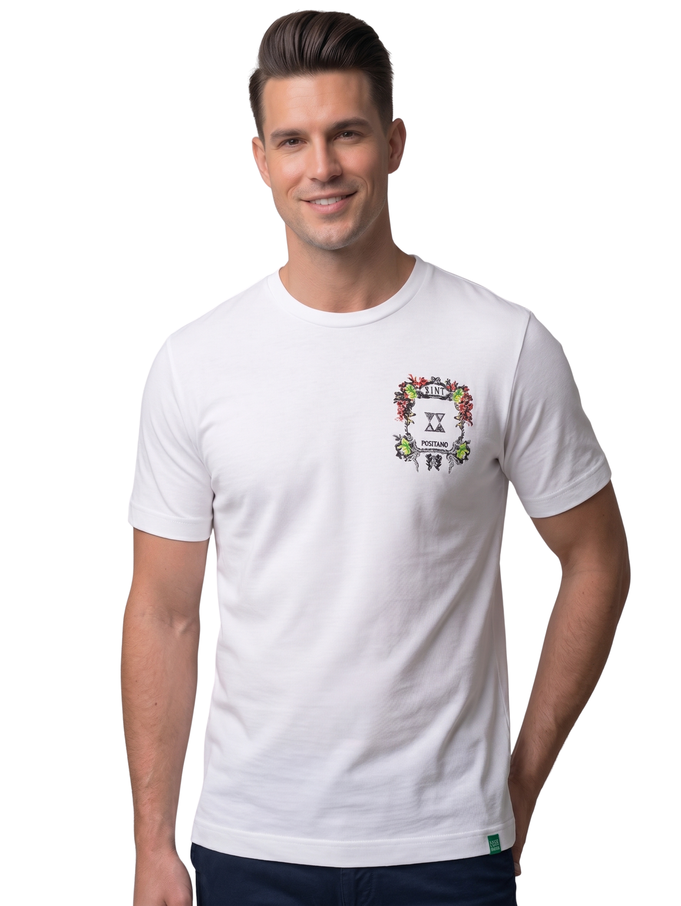 Xint White Short Sleeved Round Neck T-Shirt With Front Designed Logo