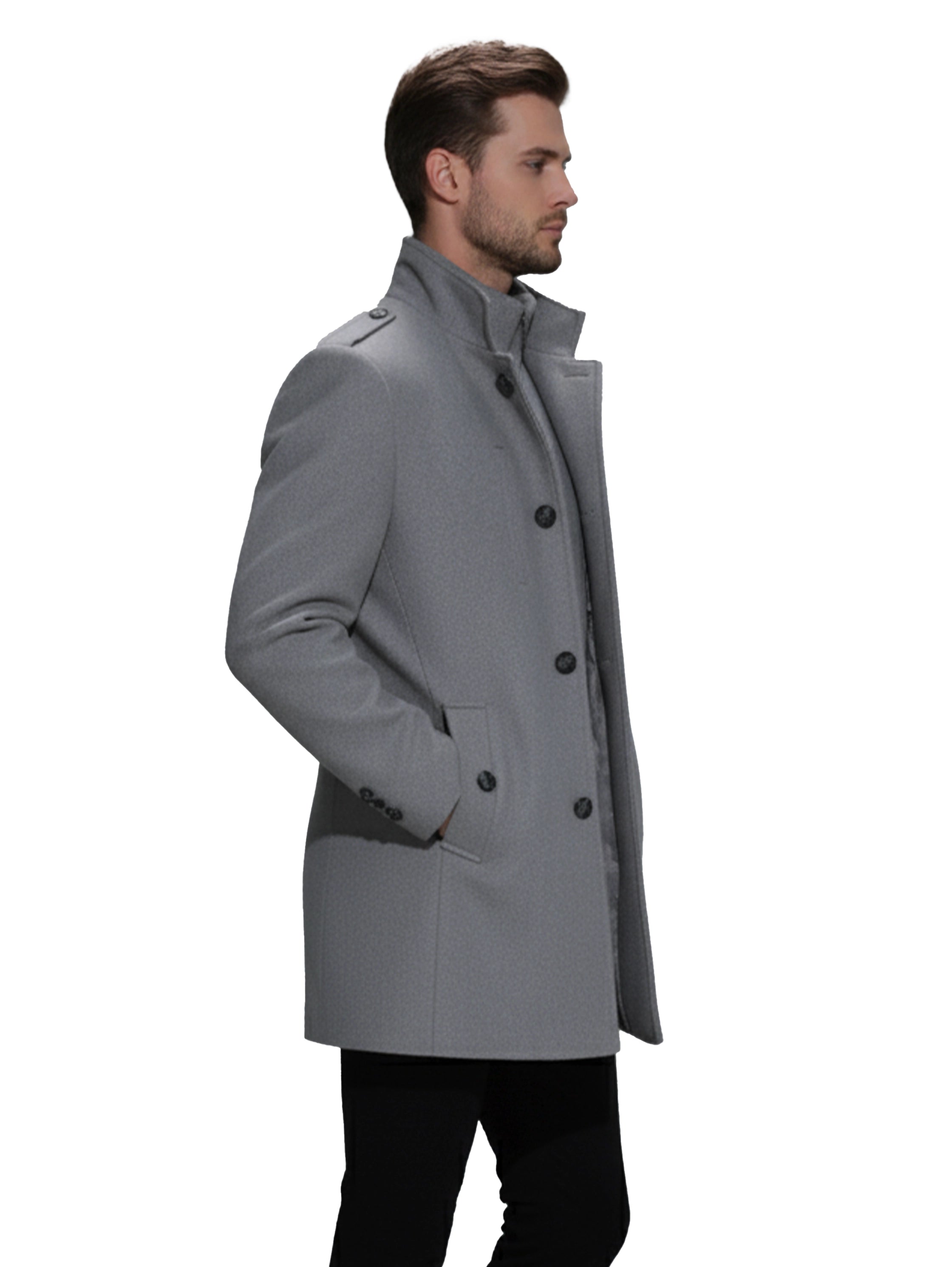 Stylish Grey Coat With Stand Up Collar