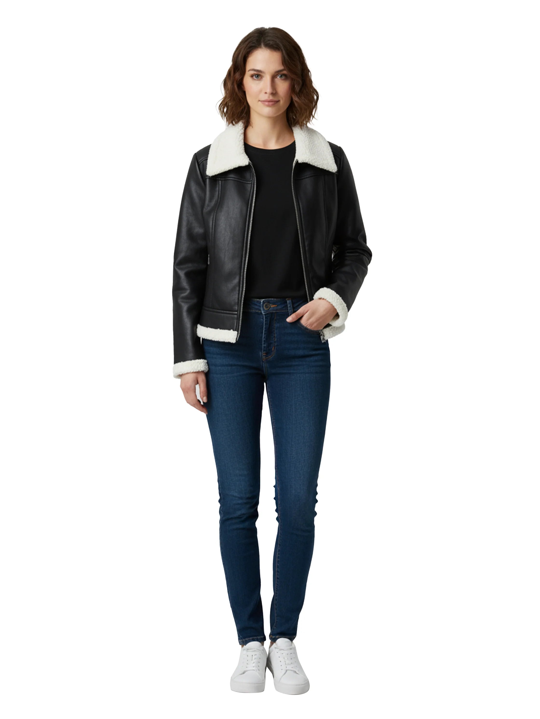 Black Leather Jacket With Fure Design