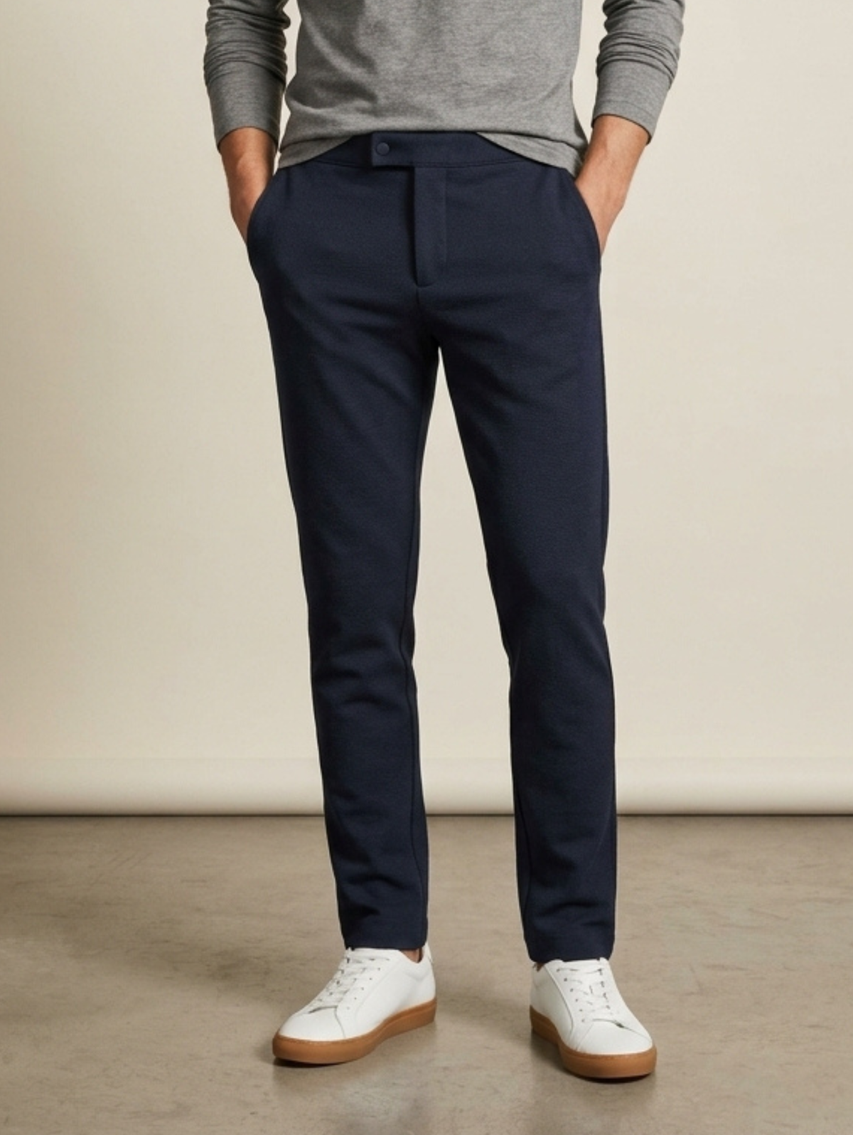 Navy Slim Straight Single Button Closure Pant With Back Elastic Waistband