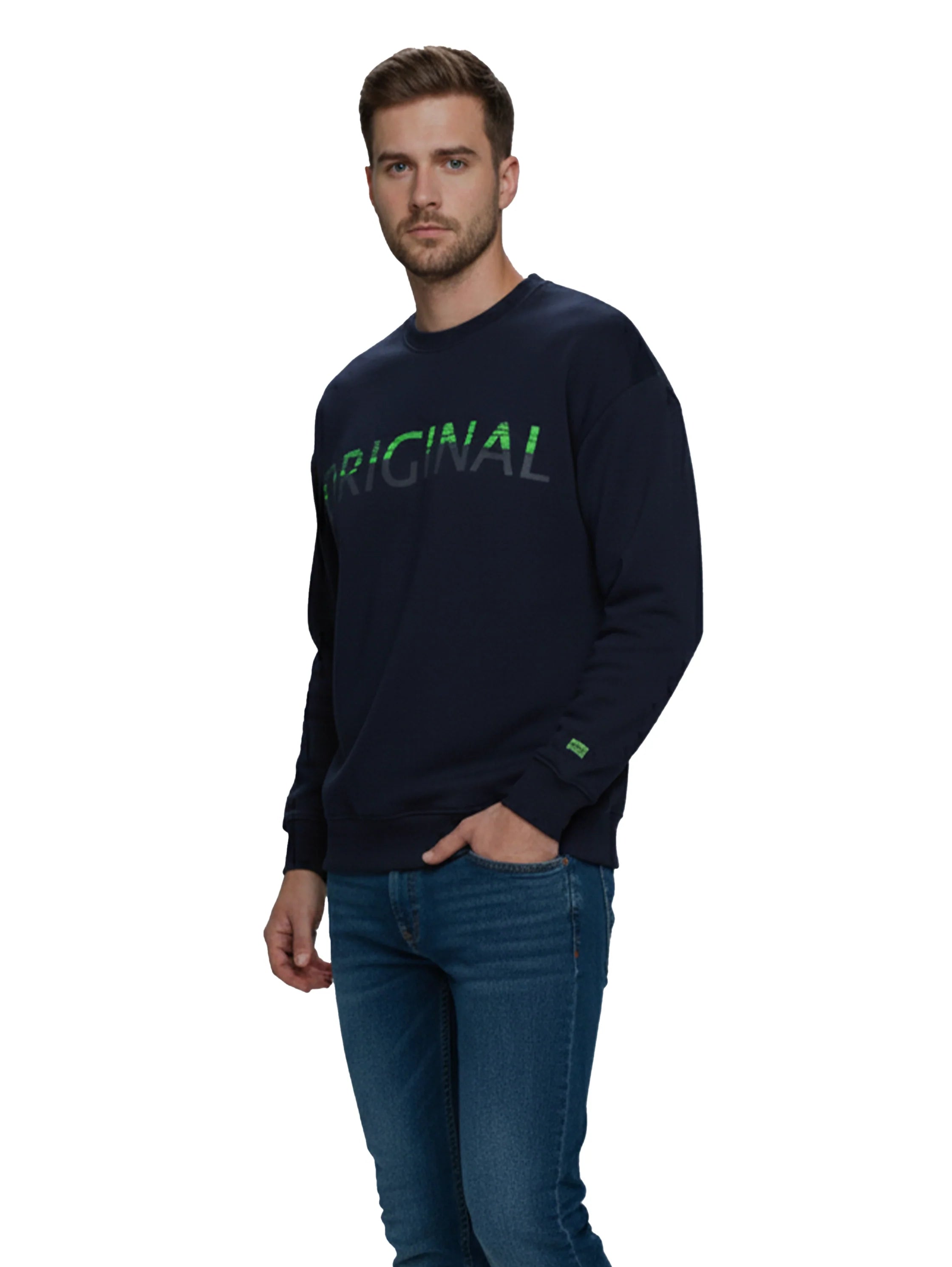 Long Sleeved Navy Sweater With " Original " Front Design