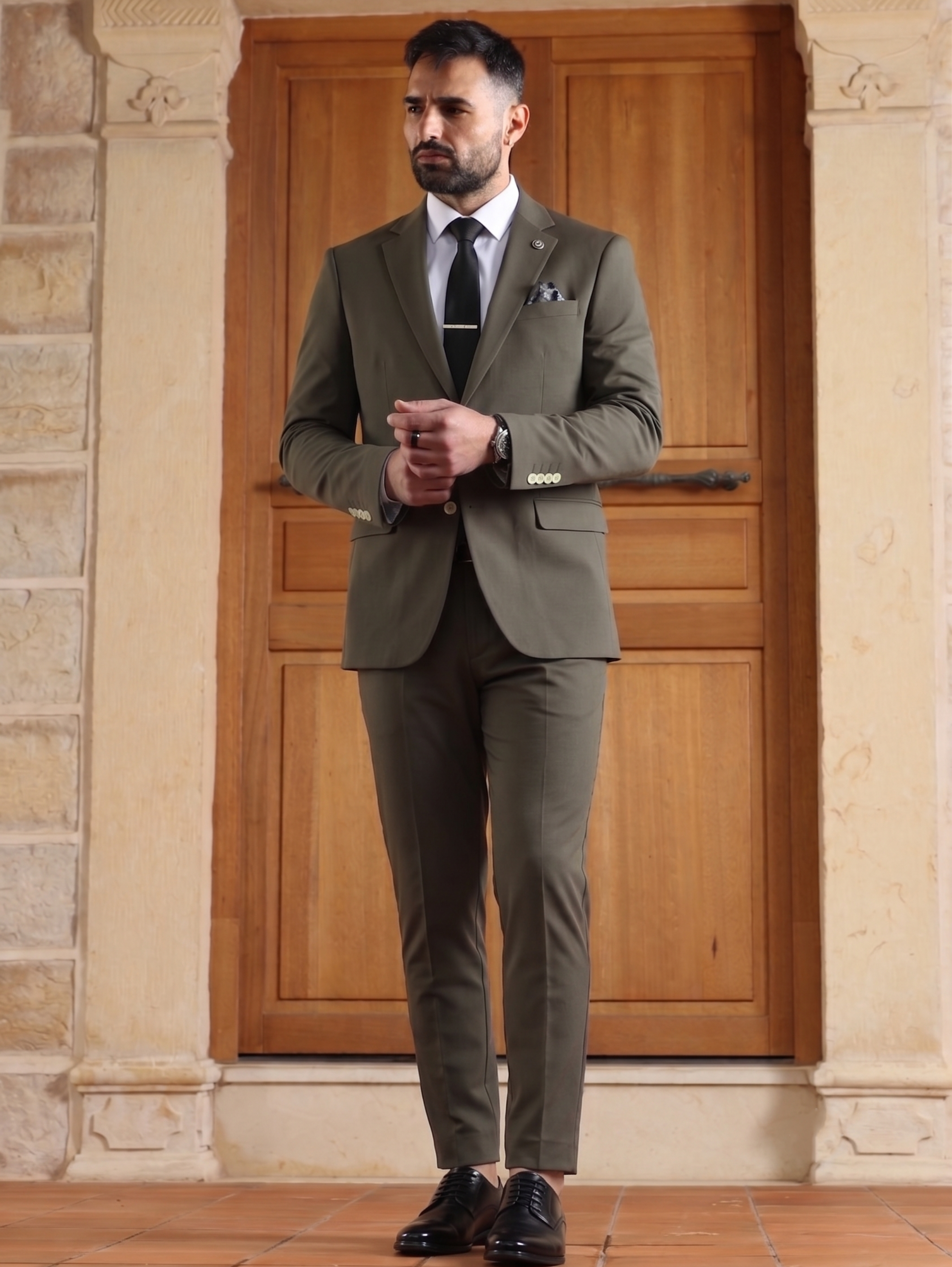 Olive Lycra Slim Fit Formal Suit