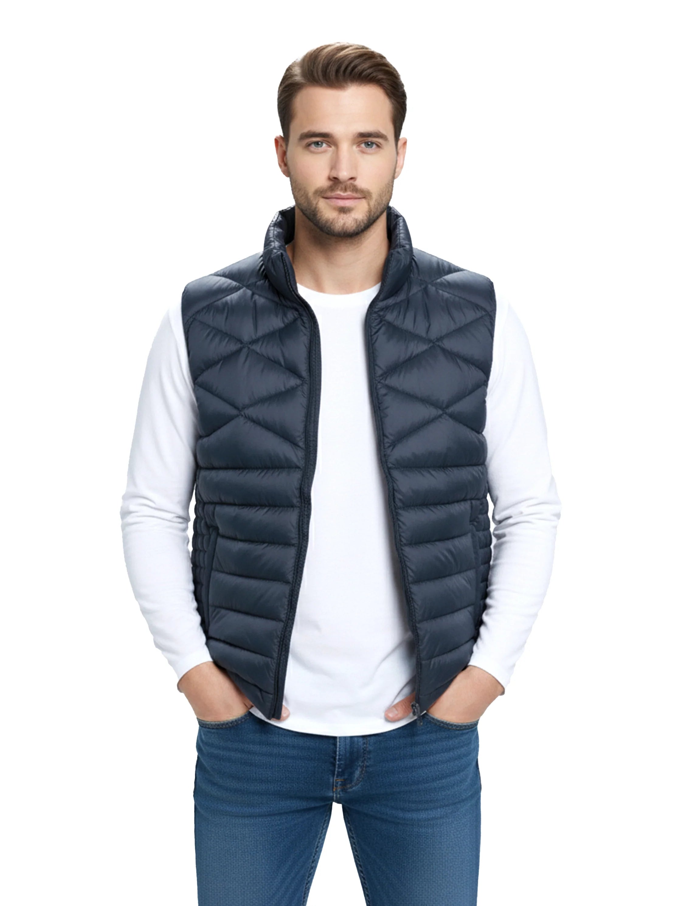 Navy Quilted Puffer Vest With Zipper To Close
