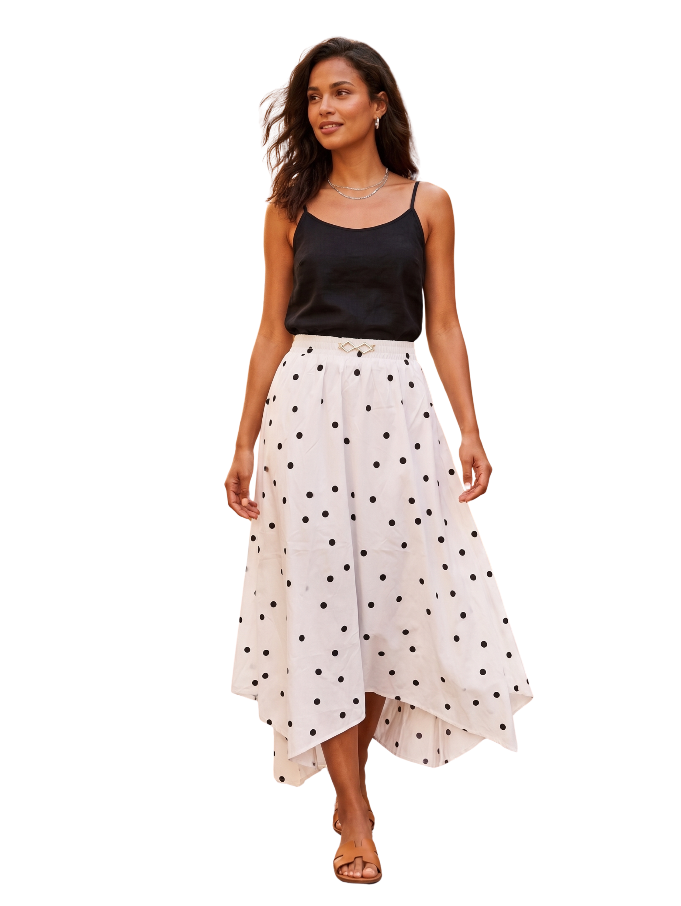 White Polka Dot Maxi Skirt With Silver Metal Detail Design