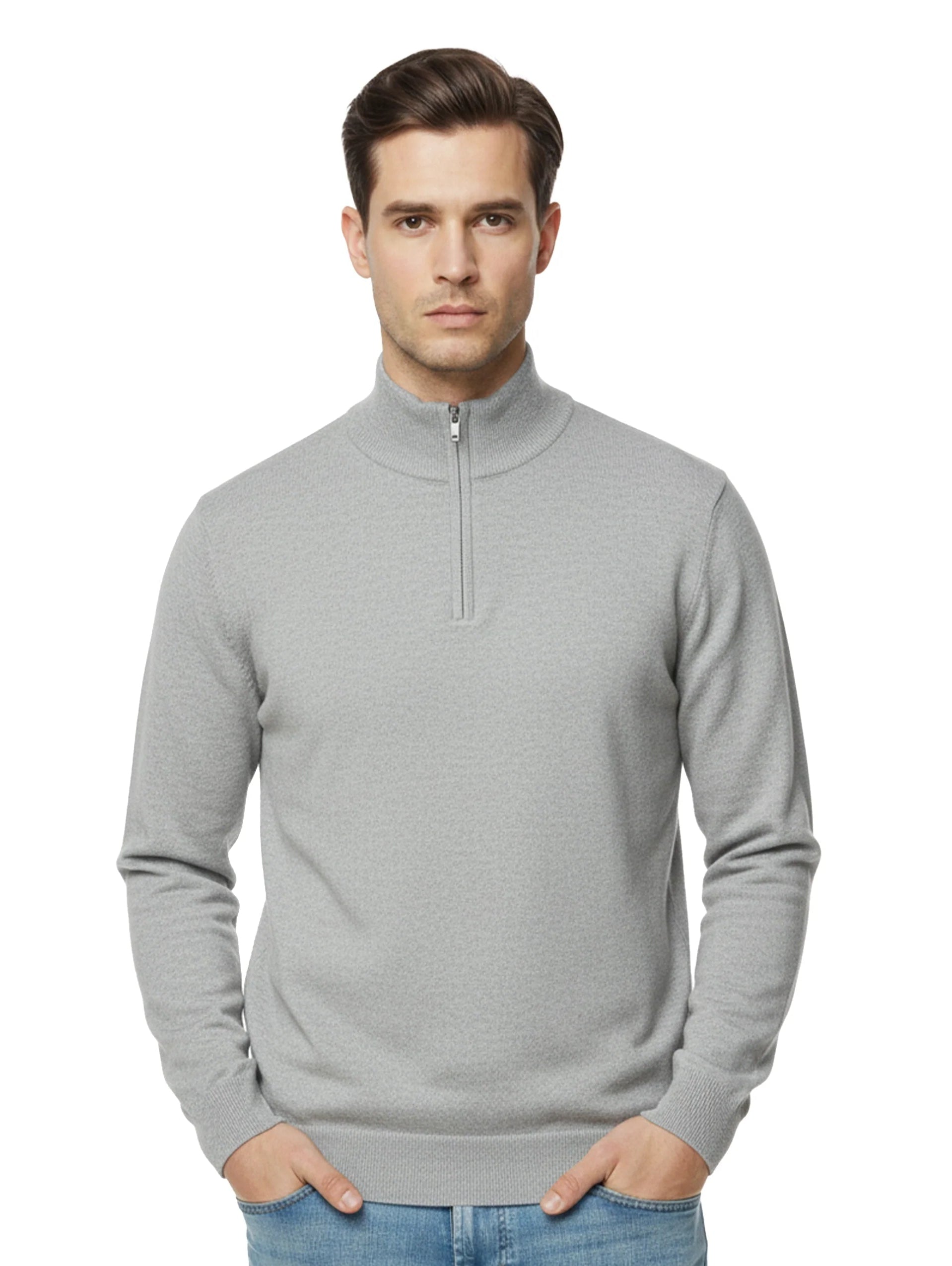 Stand Up Collar Light Grey Pullover With Half Zipper To Close
