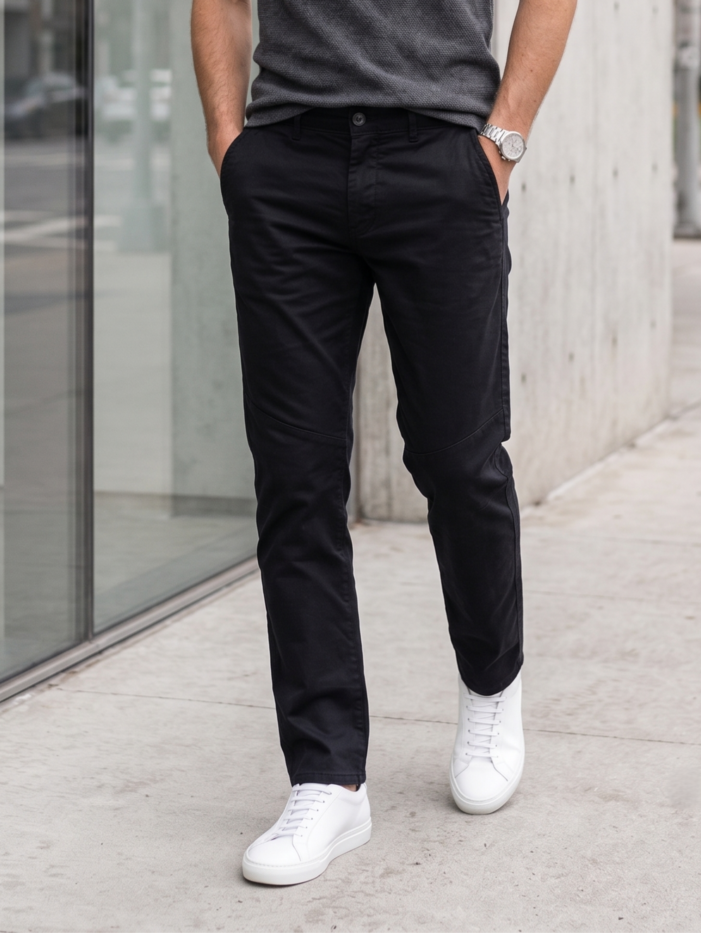 Black Casual Chino Pants With Side Slanted Pockets